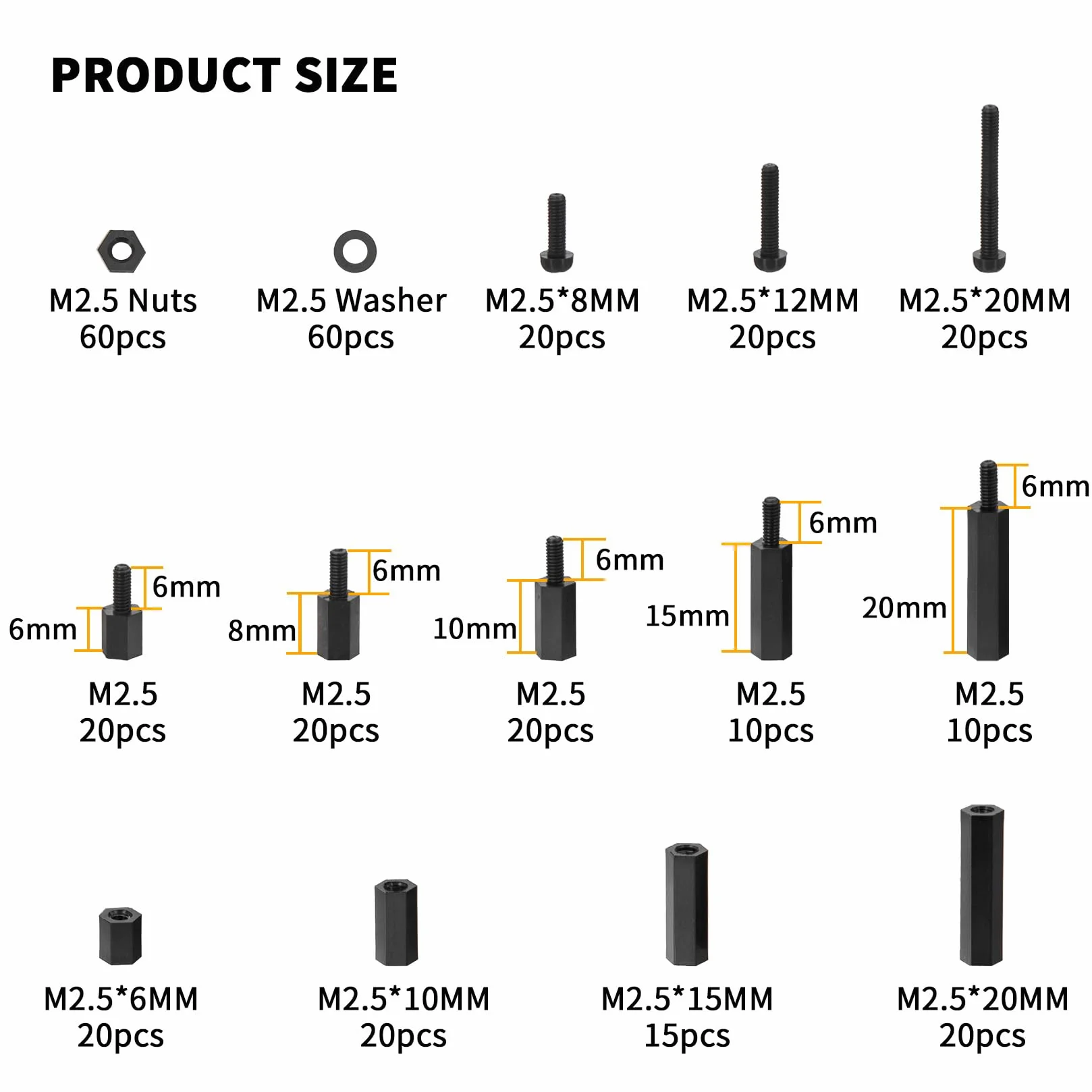Zestaw 335 sztuk nylonowych nakrętek M2,5, czarne, nylonowe, dystansowe, dla mężczyzn i kobiet, płytki PCB, elementy dystansowe, tworzywo sztuczne, śruby krzyżowe