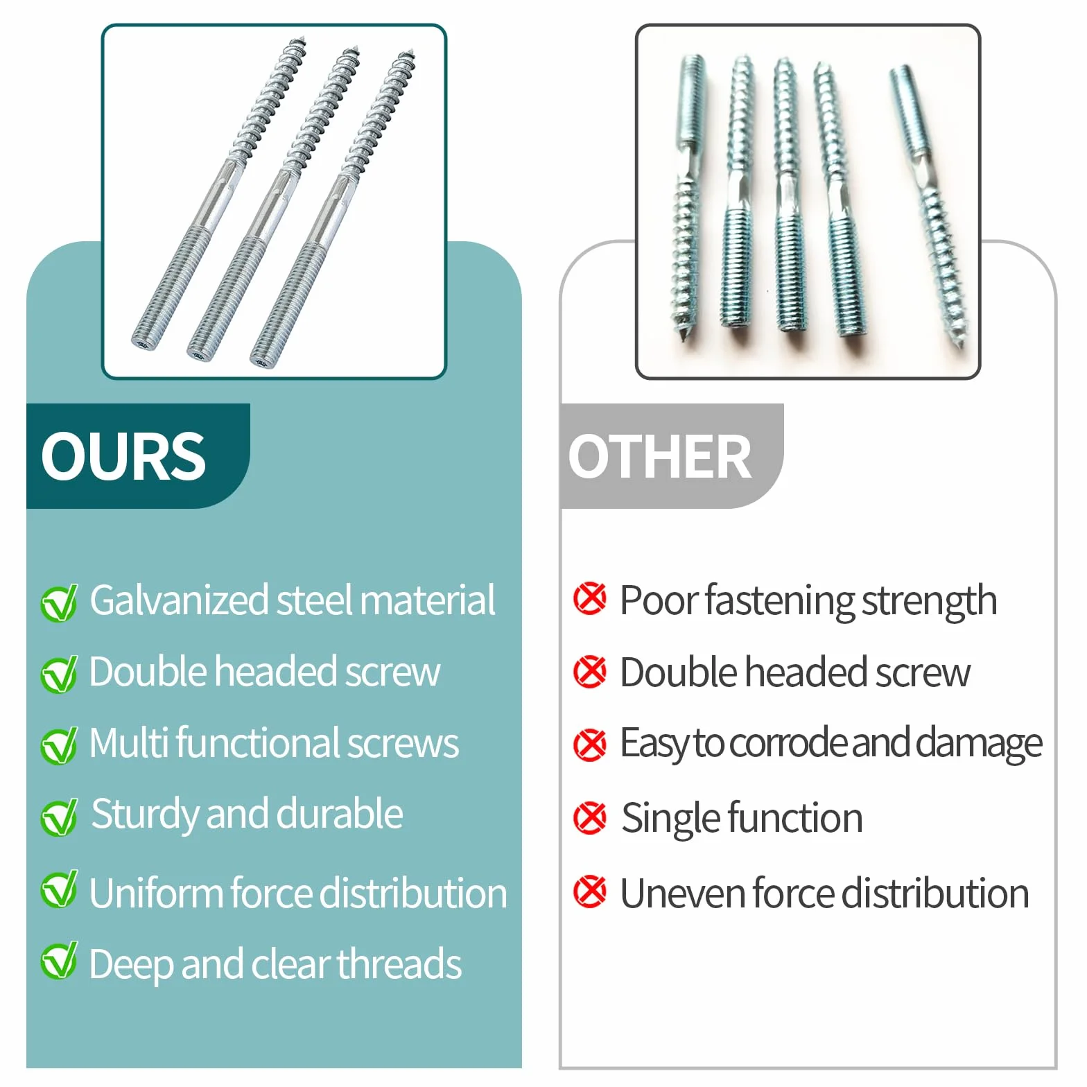 10 sztuk śrub trzpieniowych M10, M10 x 200 mm, ze stali węglowej, wkręty z podwójnymi łbami Torx, wkręty do drewna, podwójne śruby gwintowane do mocowania obejm rurowych i montażu mebli, 10 sztuk