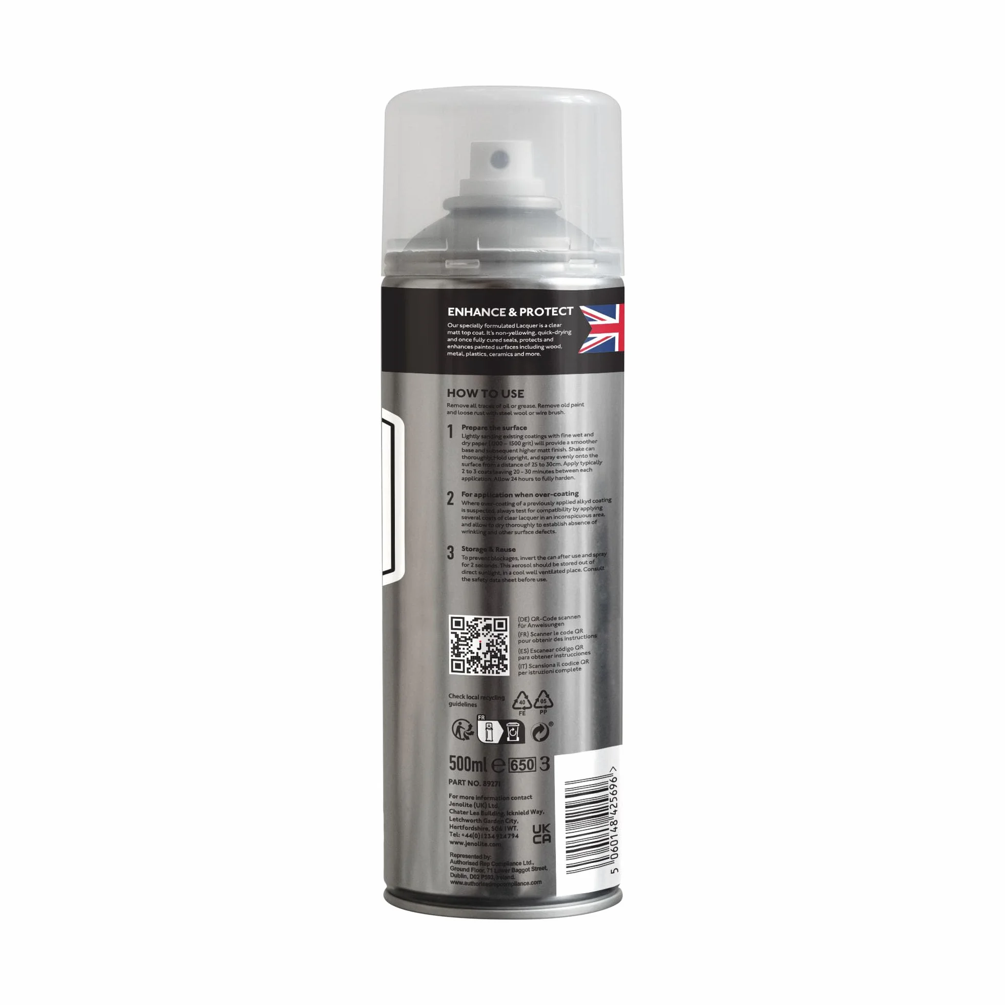 JENOLITE Lakier bezbarwny w sprayu, matowy, 2 x 500 ml, kryształowe wykończenie do majsterkowania, handlu, motoryzacji, chroni powierzchnię i lakier przed korozją, uszkodzeniami spowodowanymi