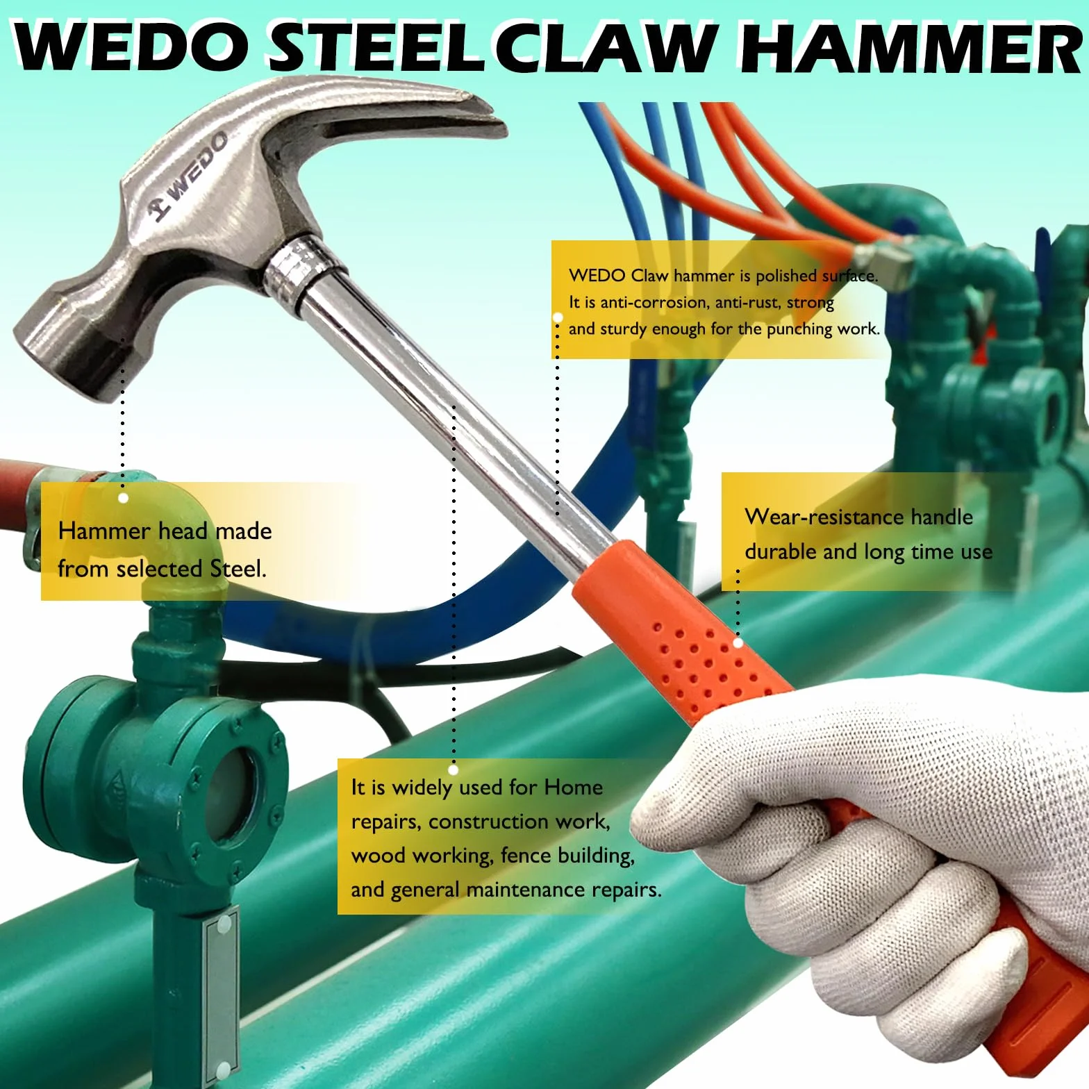 WEDO Młotek pazurowy z uchwytem ze stali rurowej, młotek ramowy, 473 g, długość 322 mm, młotek i gwoździe z uchwytem ze stali rurowej, wielofunkcyjny młotek bezpieczeństwa do konserwacji w gospodarstwie domowym