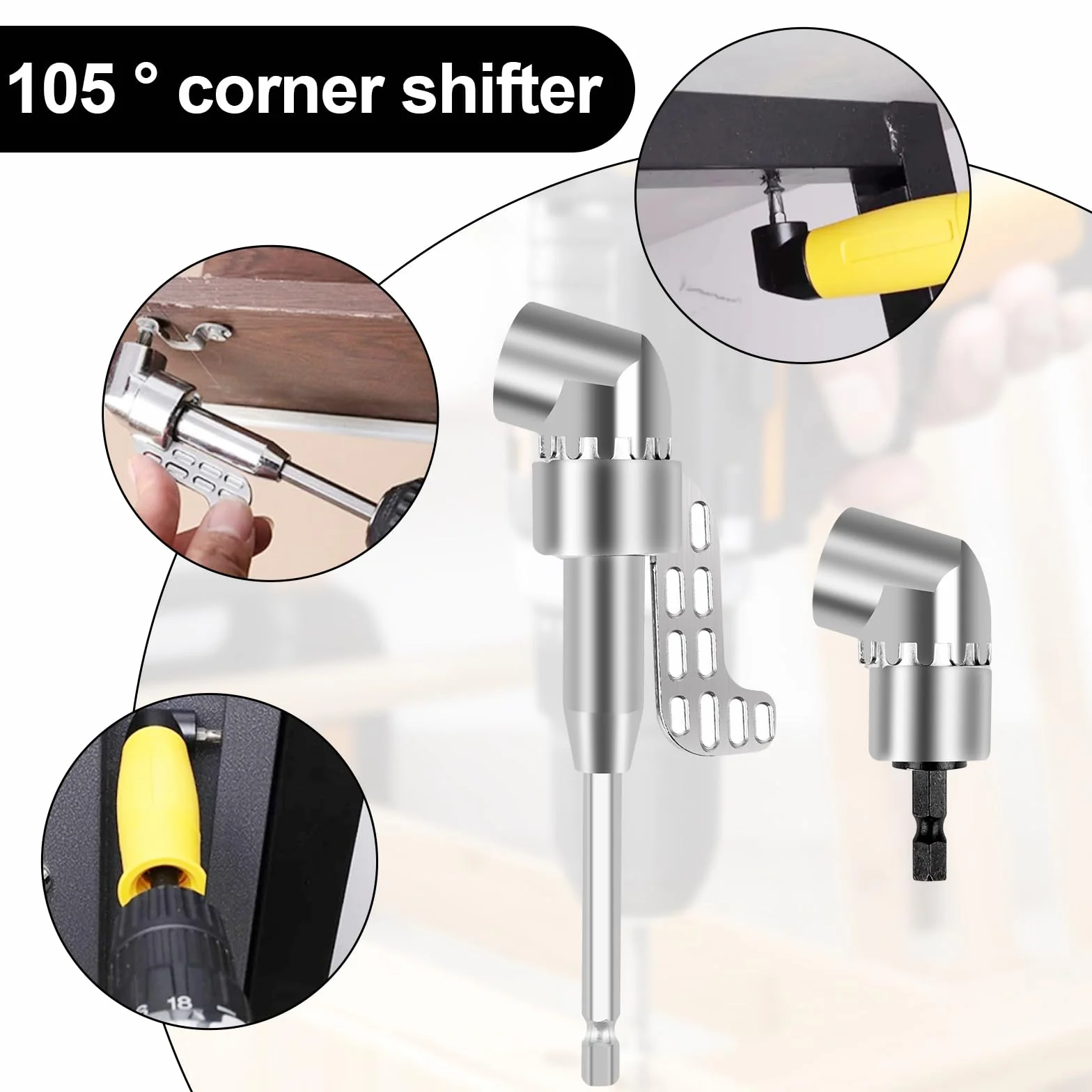 Adapter do wkrętarki kątowej 105°, 2 sztuki wierteł sześciokątnych (długie i krótkie modele), 1/4", sześciokątny trzpień przekładnia kątowa do garażu, pracowników budowlanych