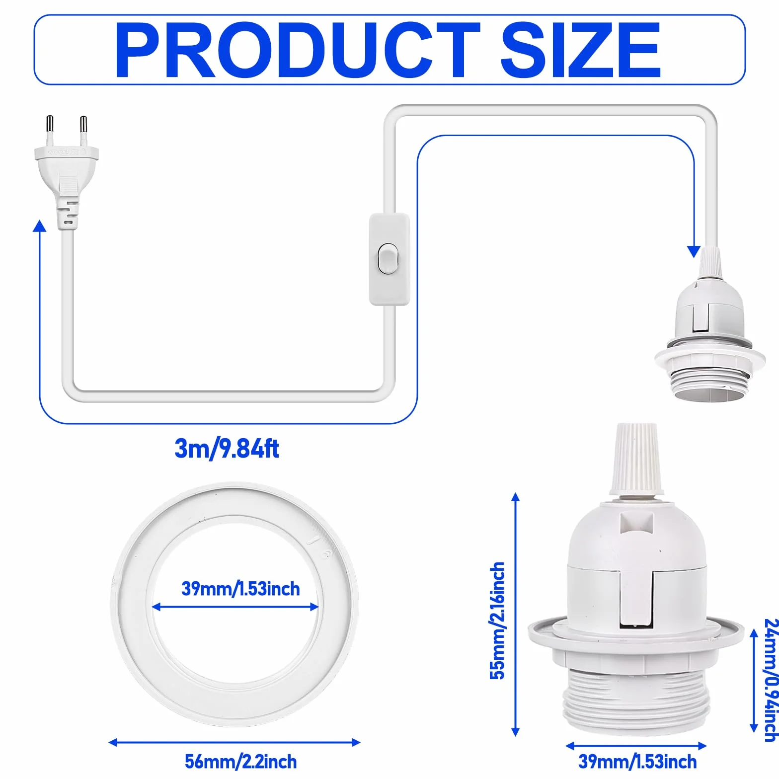 Zestaw 4 oprawek E27 z przełącznikiem i wtyczką EU, kabel 3 m, biały