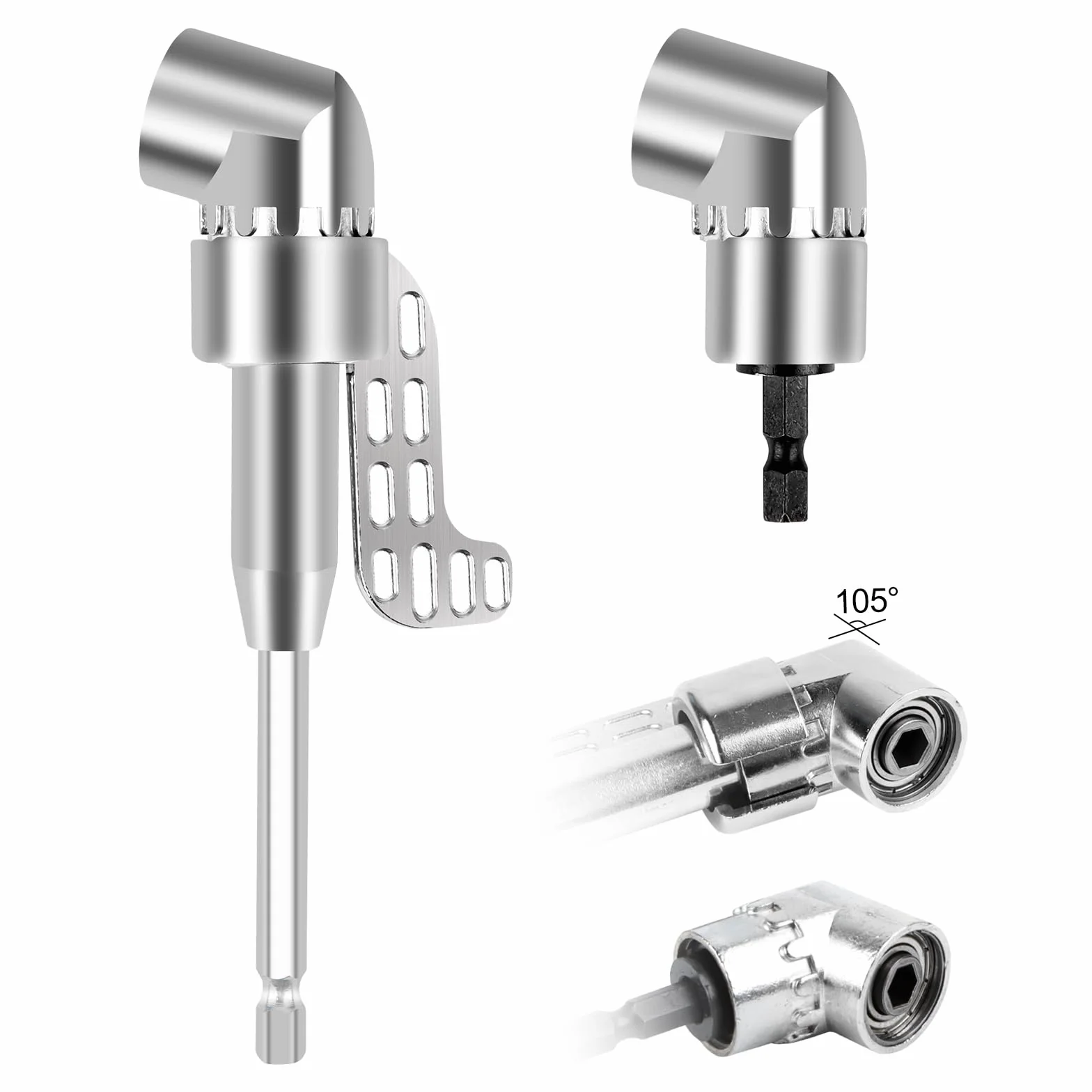 Adapter do wkrętarki kątowej 105°, 2 sztuki wierteł sześciokątnych (długie i krótkie modele), 1/4", sześciokątny trzpień przekładnia kątowa do garażu, pracowników budowlanych