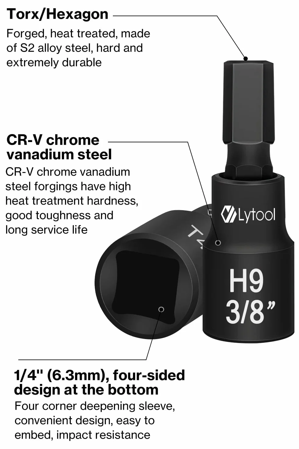Lytool 1/4" 25-częściowy zestaw kluczy nasadowych Torx i Hex z adapterami