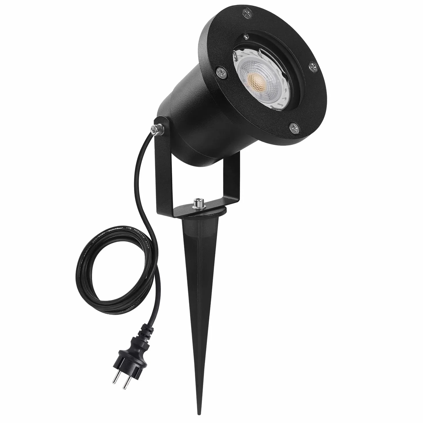Lampa punktowa LED z słupkiem uziemiającym GU10, 7 W, ciepła biel, lampa zewnętrzna, metalowa, IP65, kabel 2 m z wtyczką do ogrodu, na taras, ścieżkę