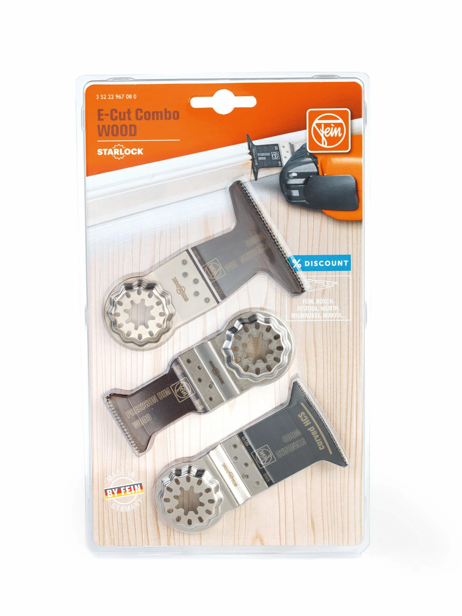 FEIN E-Cut Combo Starlock Wood 3 ostrza do cięcia w głębokości E-Cut do precyzyjnych operacji cięcia w materiałach drewnianych. Złącze Starlock