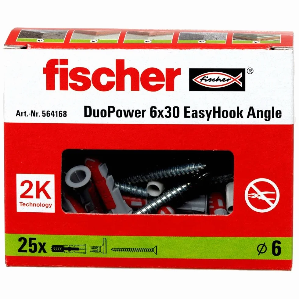 fischer 564168 Angle, zestaw składający się z 25 śrub z hakami kątowymi i kołkami DuoPower 6 x 30, śruby do płyt wiórowych z haczykami, elastyczne haki śrubowe do montażu w wielu materiałach
