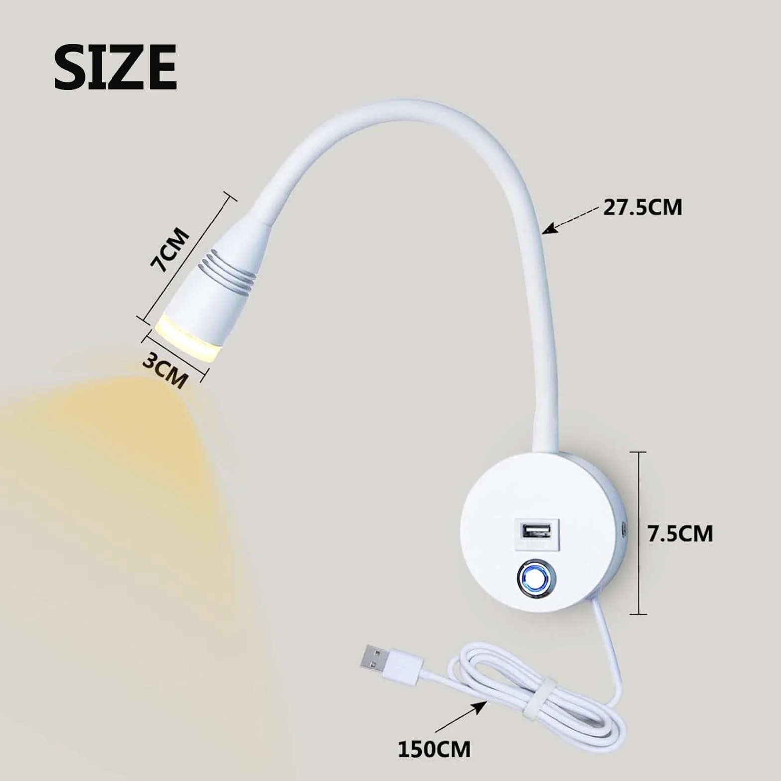 Lampa ścienna LED 6W do czytania z regulacją 3000K-6500K, ściemniana, 1,9 m