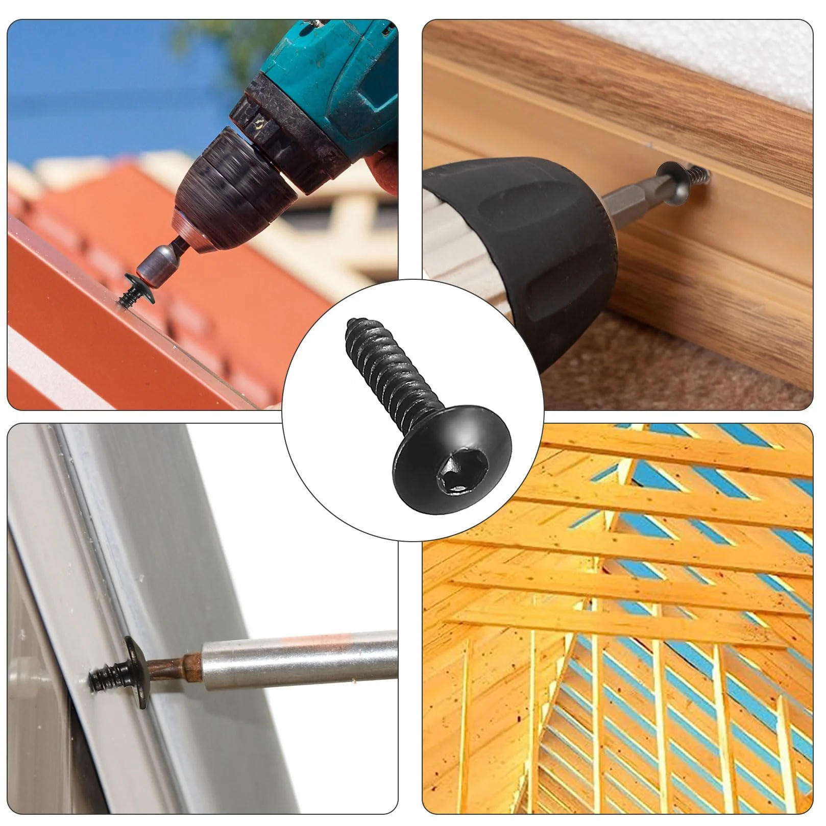 Zestaw 310 Śrub Blacharskie, Śruby Samowiercące, Śruby Karoseryjne z Płaską Głową i Podkładką Torx, Śruby do Drewna, Czarny zestaw śrub Torx do mebli i suchych ścian