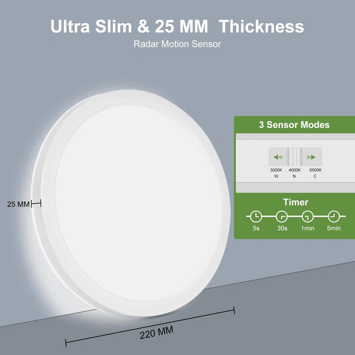 LEZOE Lampa sufitowa LED z czujnikiem ruchu, 18W 2000lm radarowym, ściemnialna, 3000K/4000K/6500K, do łazienki, garażu, na schody, do piwnicy, na korytarz, balkon, wejście, 22cm