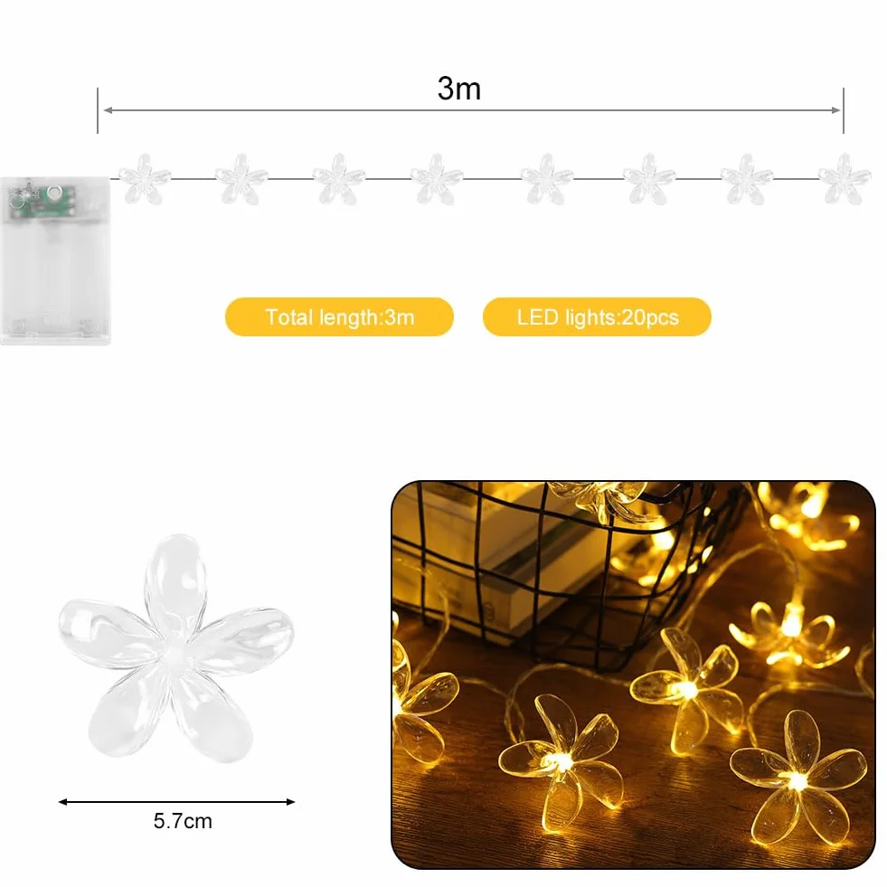 Łańcuch świetlny z kwiatami wiśni, 3M 20 LED, łańcuch świetlny na baterie, wodoszczelny, do ogrodu, na wesele, do wewnątrz, na zewnątrz, na taras, do dekoracji imprez, ciepła biel