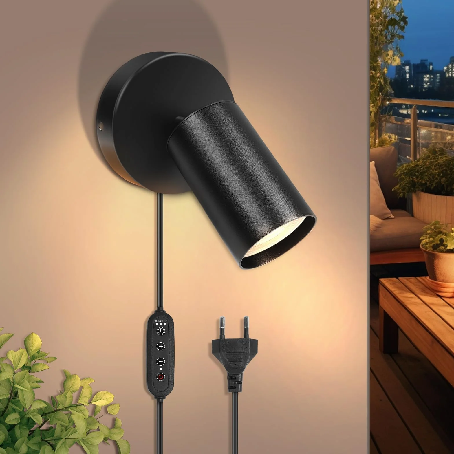 HOTUT GU10 Lampa ścienna z wtyczką i kablem, czarny mat, obracana 350°, metal