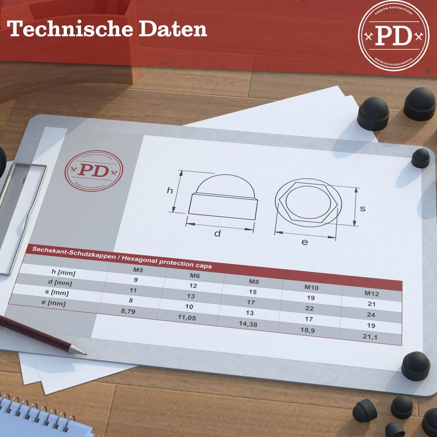 PD® Sześciokątne nasadki ochronne M12 (szerokość przez płaszczyzny 19) | Czarne nakrętki do śrub z tworzywa sztucznego | Nakrętki do nakrętek i łba śruby | Czarne zaślepki do śrub | 10 sztuk