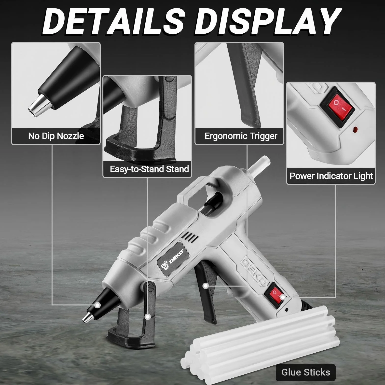 DEKOPRO Pistolet do klejenia na gorąco, 20 W, mini pistolet silikonowy, do majsterkowania, do majsterkowania, biura, szkoły, pakowania, napraw, domu, szary