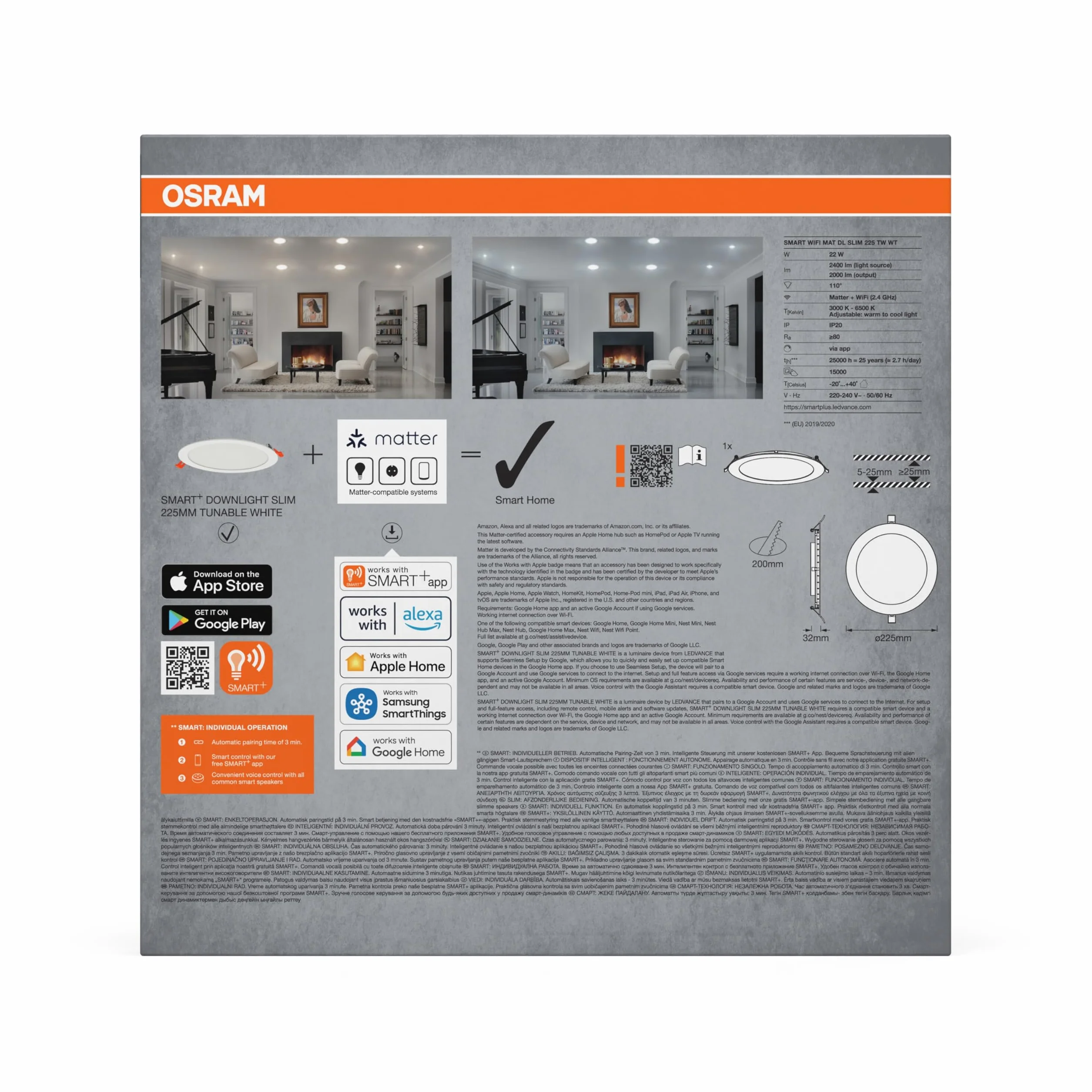 OSRAM SMART+ Matter Recess Slim LED Downlight Biały 225mm, 22W, 2000lm, TW 3000-6500K, Matter WiFi, Alexa, Wpuszczany