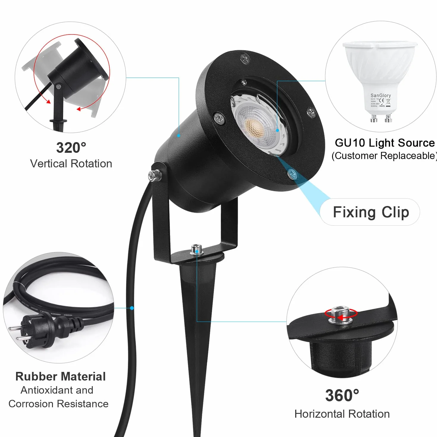 Lampa punktowa LED z słupkiem uziemiającym GU10, 7 W, ciepła biel, lampa zewnętrzna, metalowa, IP65, kabel 2 m z wtyczką do ogrodu, na taras, ścieżkę