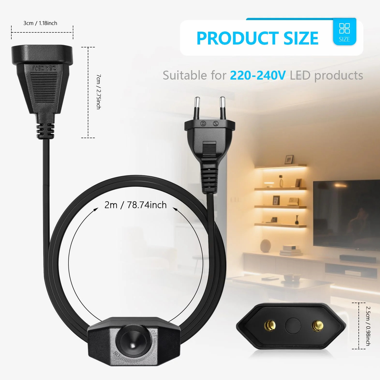 Ściemniacz LED Z Przełącznikiem 230V 2m Ściemniacz Do Lamp LED AC 220–240V/50Hz, Maks 100W Ściemniaczs Przewodowy (Wtyczka + Gniazdo) Do Lamp, SUCIKORIO Neonowe Taśmy LEDs