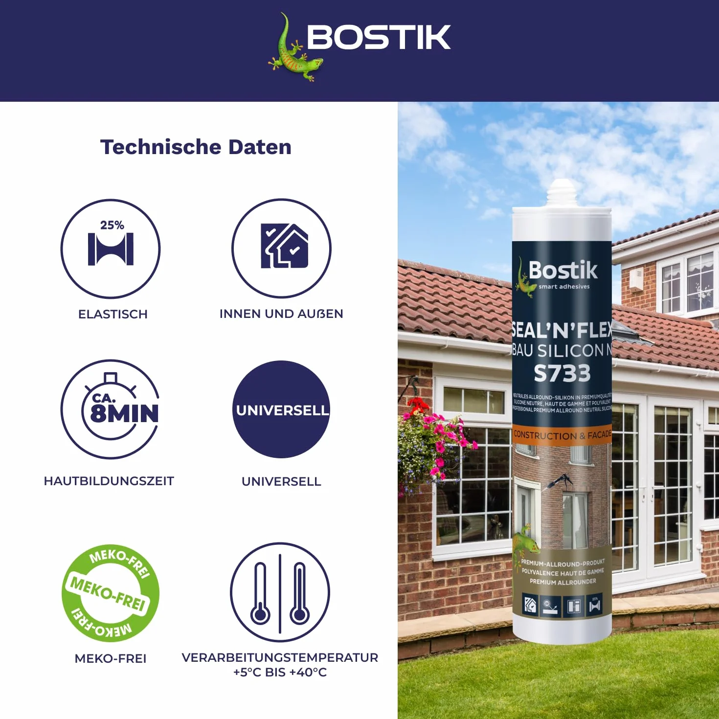 BOSTIK S733 Seal´n´Flex Bau silikon ciemnobrązowy – neutralny uniwersalny silikon, odporny na pleśń, trwale elastyczny, nadaje się do użytku wewnątrz i na zewnątrz, 300 ml