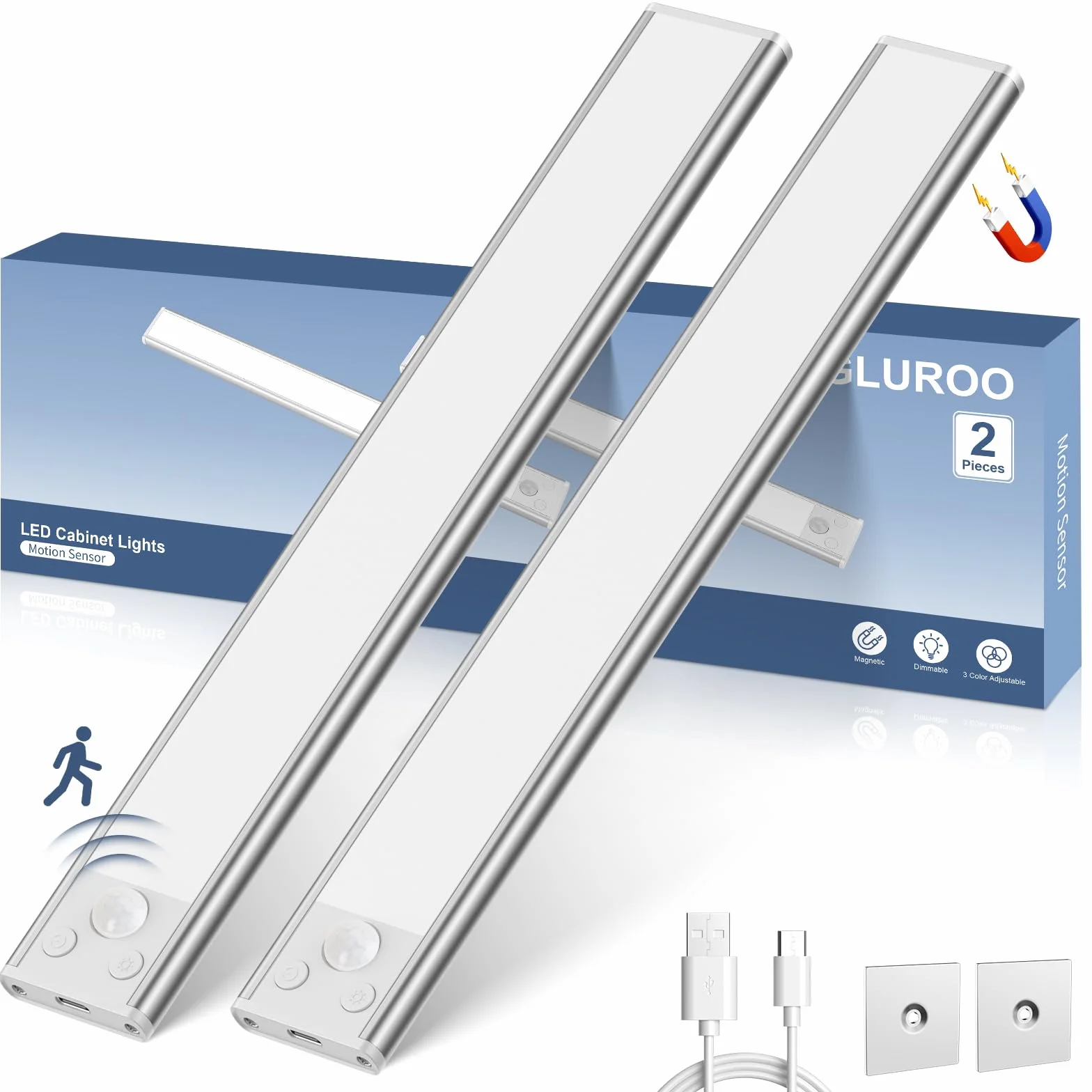 GLUROO Oświetlenie LED Pod Szafkę z Czujnikiem Ruchu 30 cm USB-C Ściemnianie 2 szt