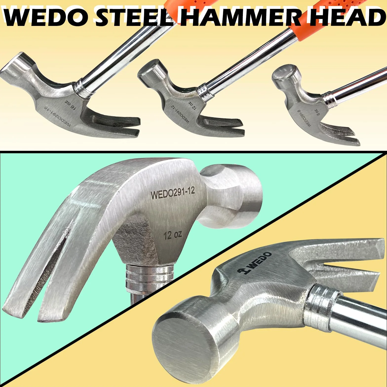 WEDO Młotek pazurowy z uchwytem ze stali rurowej, młotek ramowy, 473 g, długość 322 mm, młotek i gwoździe z uchwytem ze stali rurowej, wielofunkcyjny młotek bezpieczeństwa do konserwacji w gospodarstwie domowym