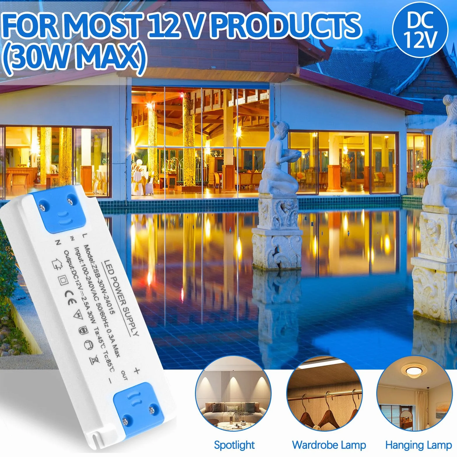 Transformator LED 30 W, ultracienki 24 V sterownik LED 240 V AC na 12 V DC 2,5 A, zasilacz o stałym napięciu, konwerter niskonapięciowy do oświetlenia taśmowego, downlight i żarówki G4, MR11, MR16