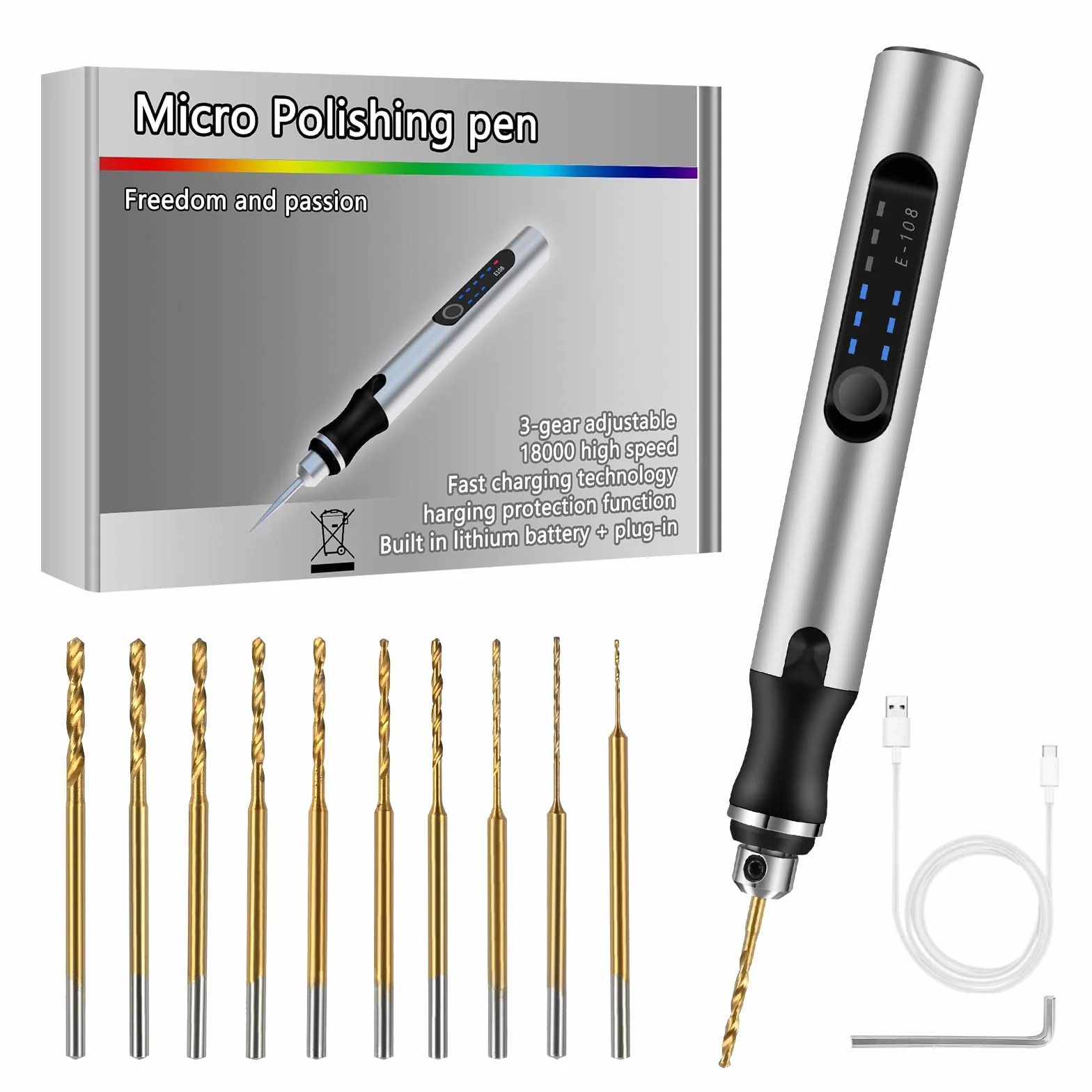 Comius Sharp 3-biegowa mini wiertarka elektryczna, bezprzewodowa, ładowana przez USB, wiertarka ręczna, z 10 wiertłami spiralnymi (0,6 – 2,2 mm), mini wiertarka do produkcji biżuterii z żywicy