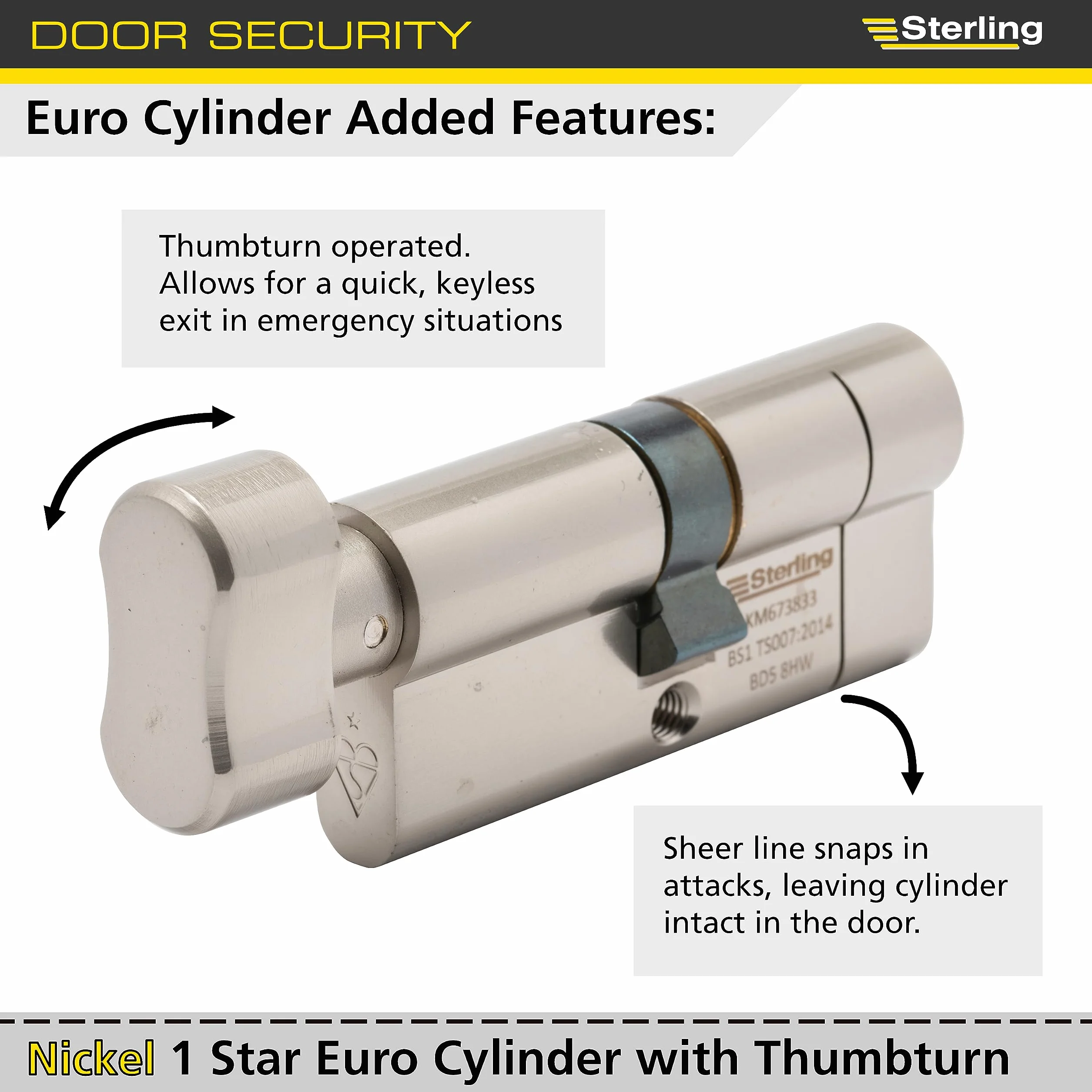 Sterling Int Ext BS1 ETN cylinder z gałką, satynowany nikiel, wewnątrz 35 mm, na zewnątrz 35 mm (łącznie 70 mm)