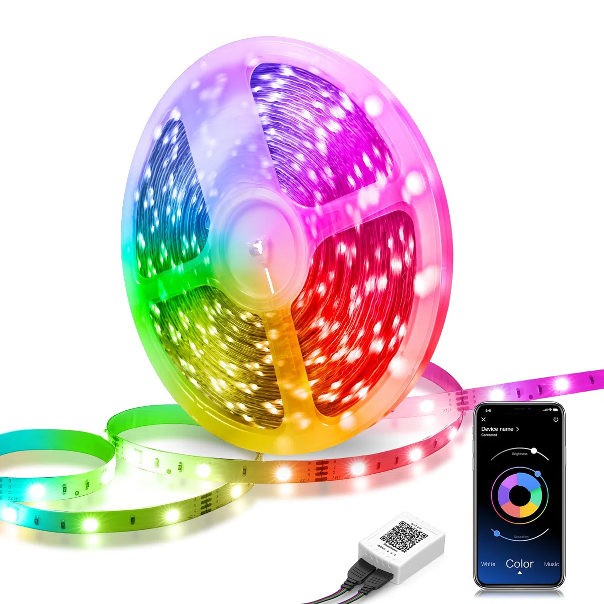 Taśma LED, 15 m, Bluetooth RGB LED, zmiana kolorów, łańcuch świetlny LED z pilotem na podczerwień i aplikacją, 16 mln kolorów, synchronizacja z muzyką, taśmy LED 5050 RGB do sypialni (1 rolka)