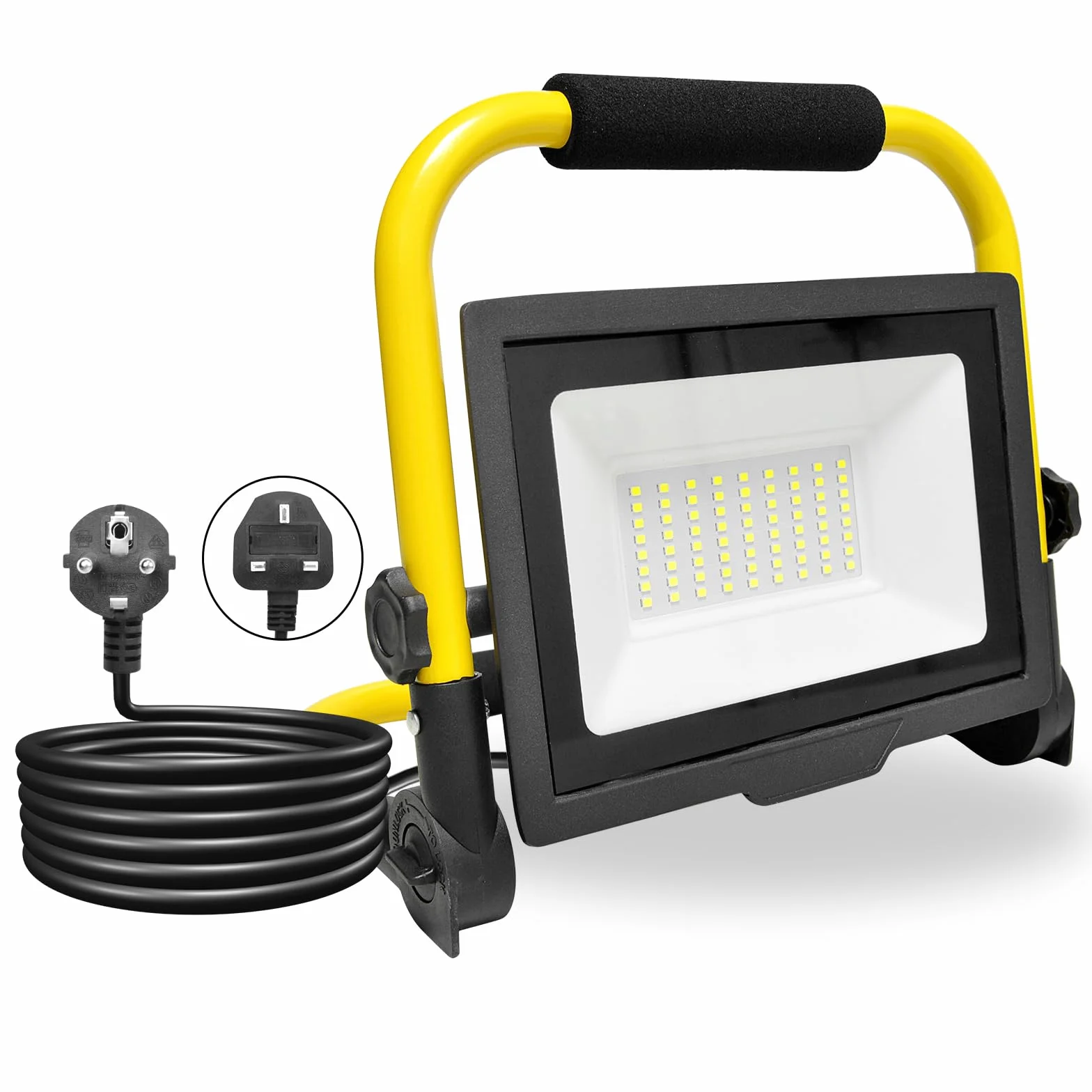 PICAA Reflektor budowlany LED 50 W z gniazdem, 3000 lm, przenośna składana lampa zewnętrzna, reflektor LED, obrót o 360°, do warsztatu, garażu, na taras, do ogrodu, wodoodporna IP66 6000K, biały