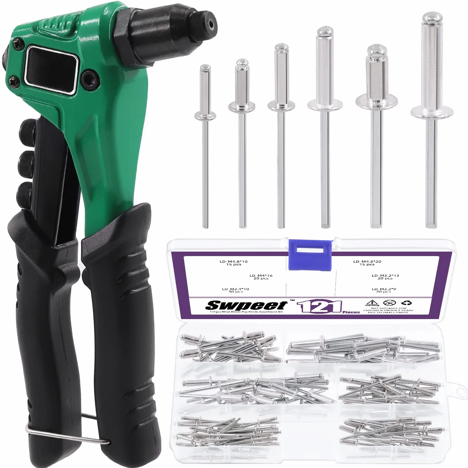 Swpeet 121 szt. zestaw ręcznego pistoletu do nitów z aluminiowym pistoletem, 3/32"-3/16", M2.4-4.8, 4 wymienne głowice, 4 wiertła