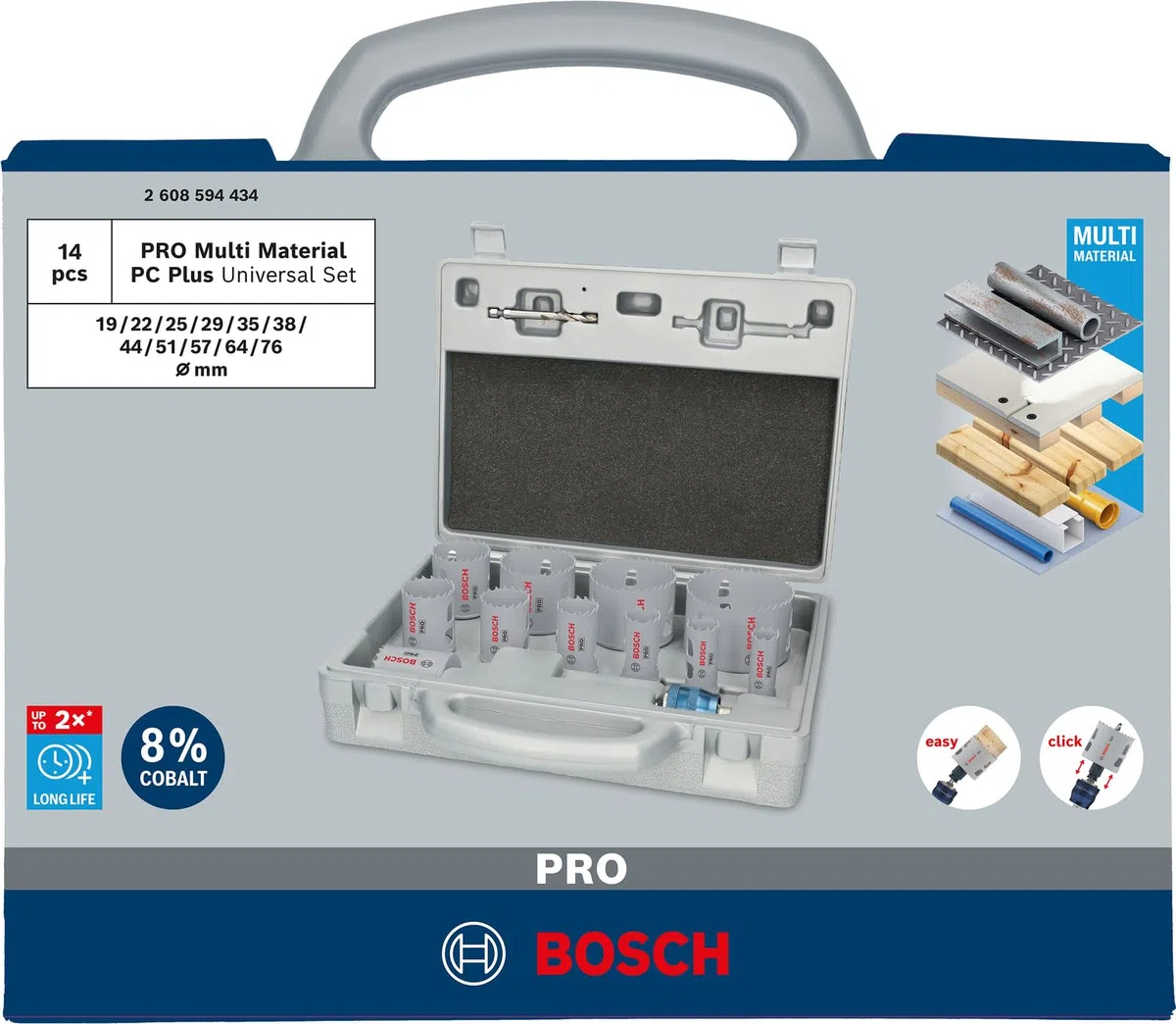 Bosch 14 x PRO Multi Material Power Change Plus zestaw otwornic – etui do formowania dmuchanego (do miękkiego drewna, płyt kartonowo-gipsowych, Ø 19-76 mm, profesjonalne akcesoria do wiertarki