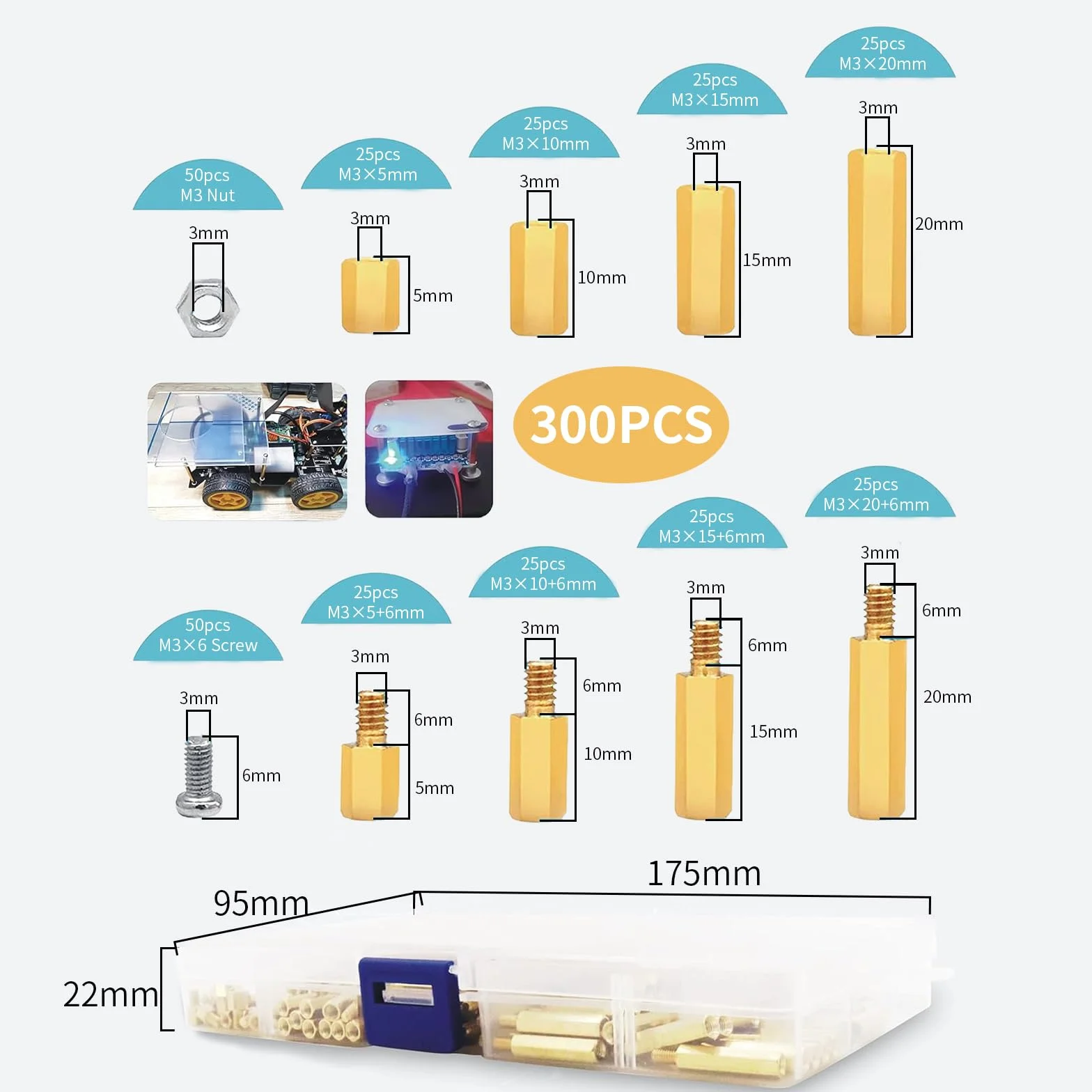 300 sztuk mosiężnych wsporników dystansowych do płyt głównych, śrub, nakrętek tulejowych M3 Pillar Spacer, asortyment do płyt głównych PCB, sześciokątna, męska i żeńska nakrętka śrubowa