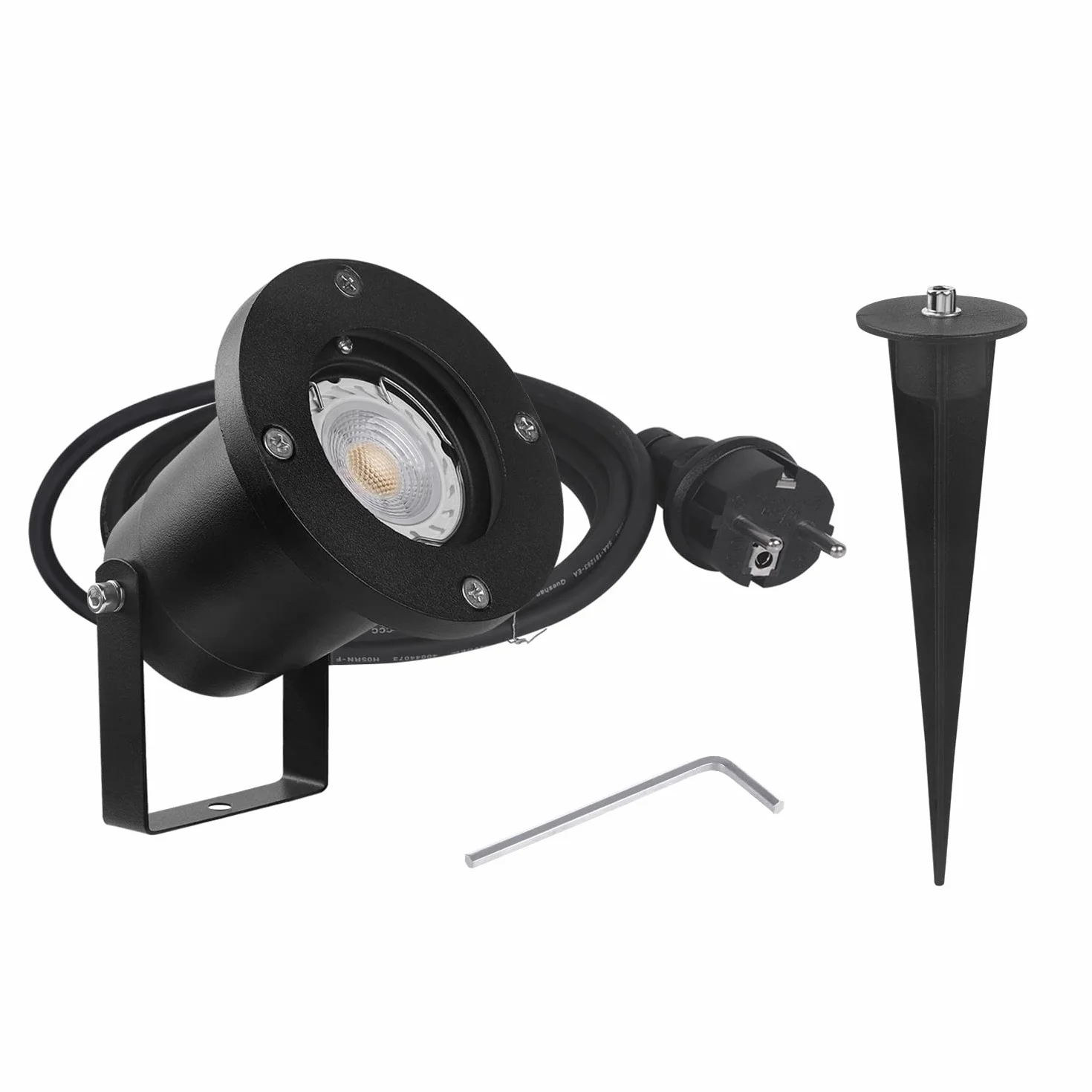 Lampa punktowa LED z słupkiem uziemiającym GU10, 7 W, ciepła biel, lampa zewnętrzna, metalowa, IP65, kabel 2 m z wtyczką do ogrodu, na taras, ścieżkę