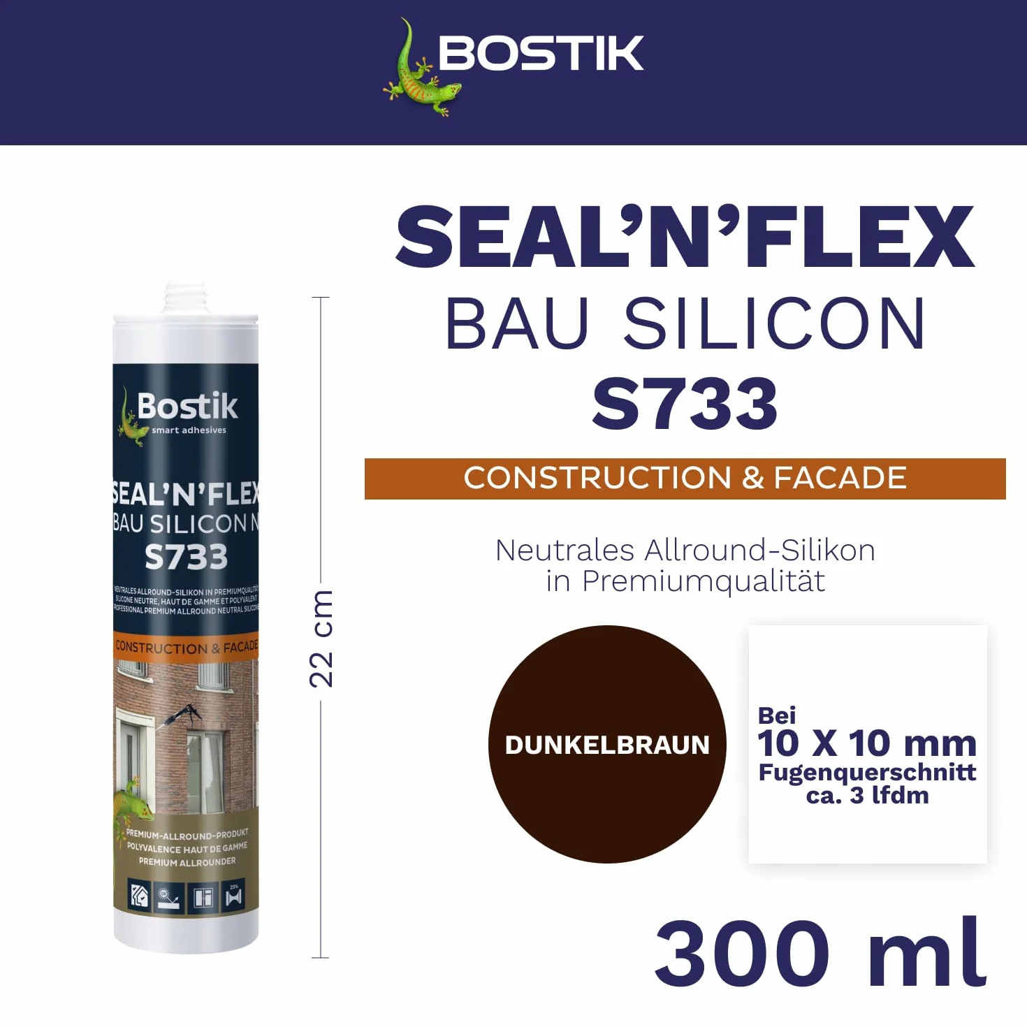 BOSTIK S733 Seal´n´Flex Bau silikon ciemnobrązowy – neutralny uniwersalny silikon, odporny na pleśń, trwale elastyczny, nadaje się do użytku wewnątrz i na zewnątrz, 300 ml