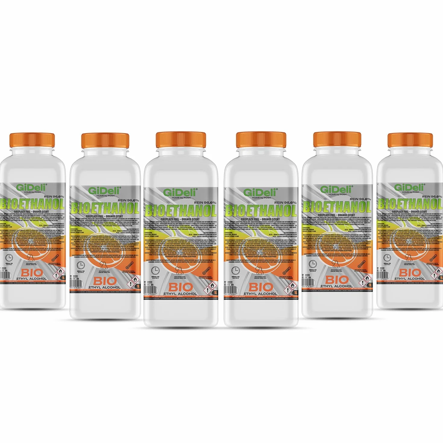 GiDeli bioetanol 6 x 1 l zapach pomarańczy 96,6% etanol do kominków wewnętrznych i zewnętrznych bez dymu i sadzy – z kukurydzy i buraków cukrowych