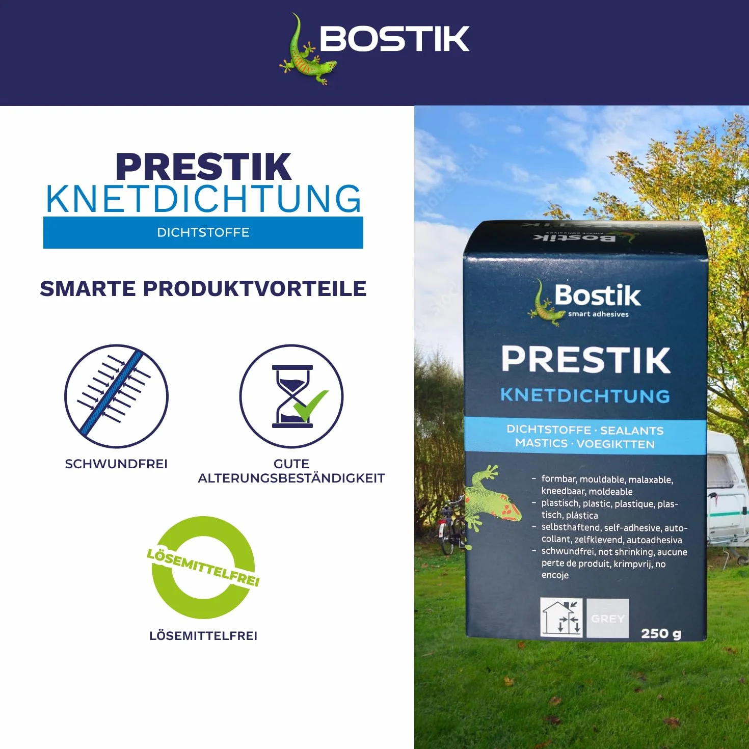 BOSTIK Prestik szara uszczelka do ugniatania, trwała plastyczna, nie zawiera rozpuszczalników, nie kurczy się, doskonała odporność na starzenie, do użytku wewnątrz i na zewnątrz, 250 g