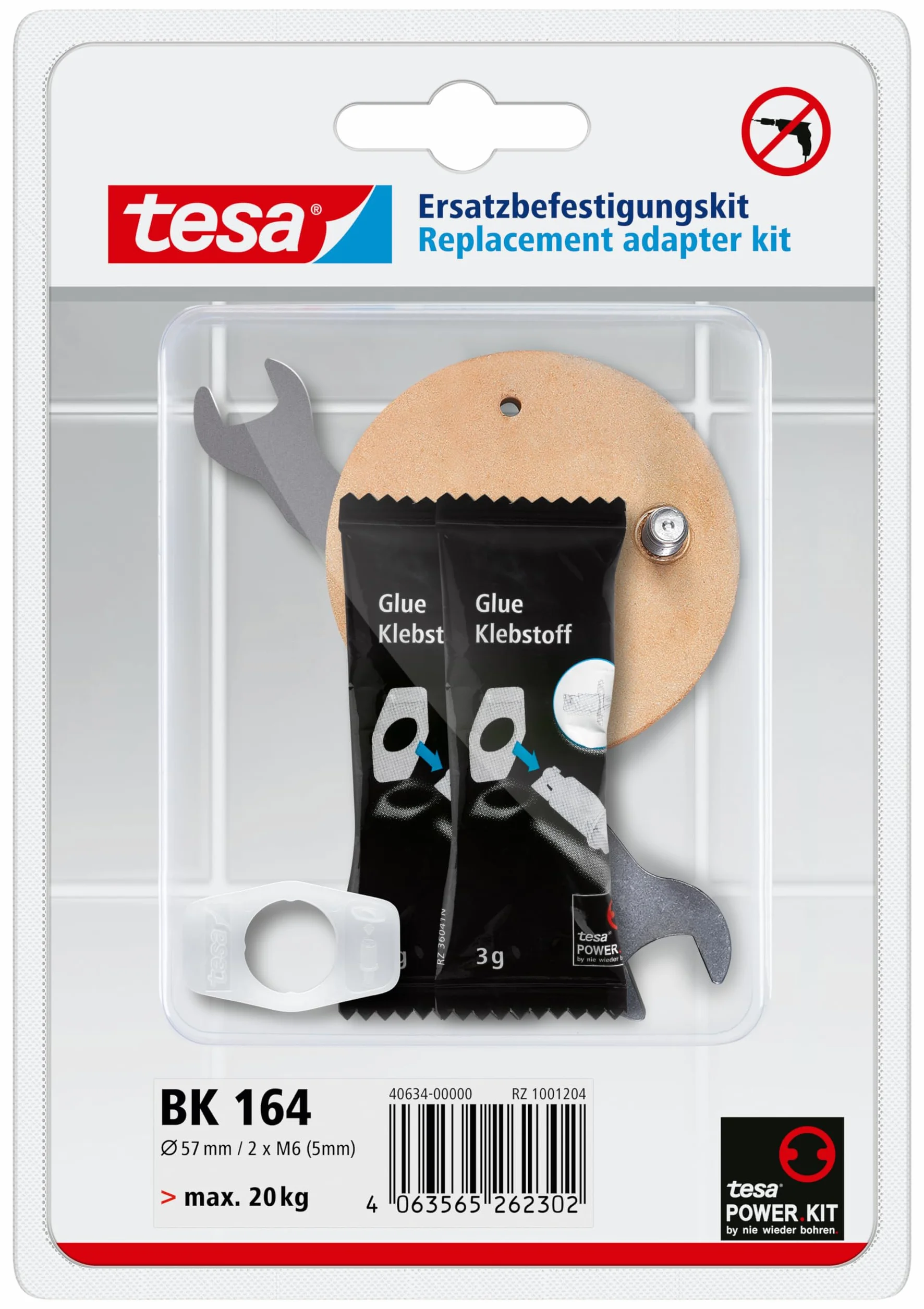 tesa Power.kit adapter montażowy BK164 – w zestawie tubka masy klejącej oraz przyrząd do dociskania – opatentowana technologia mocowania tesa – średnica: 57 mm