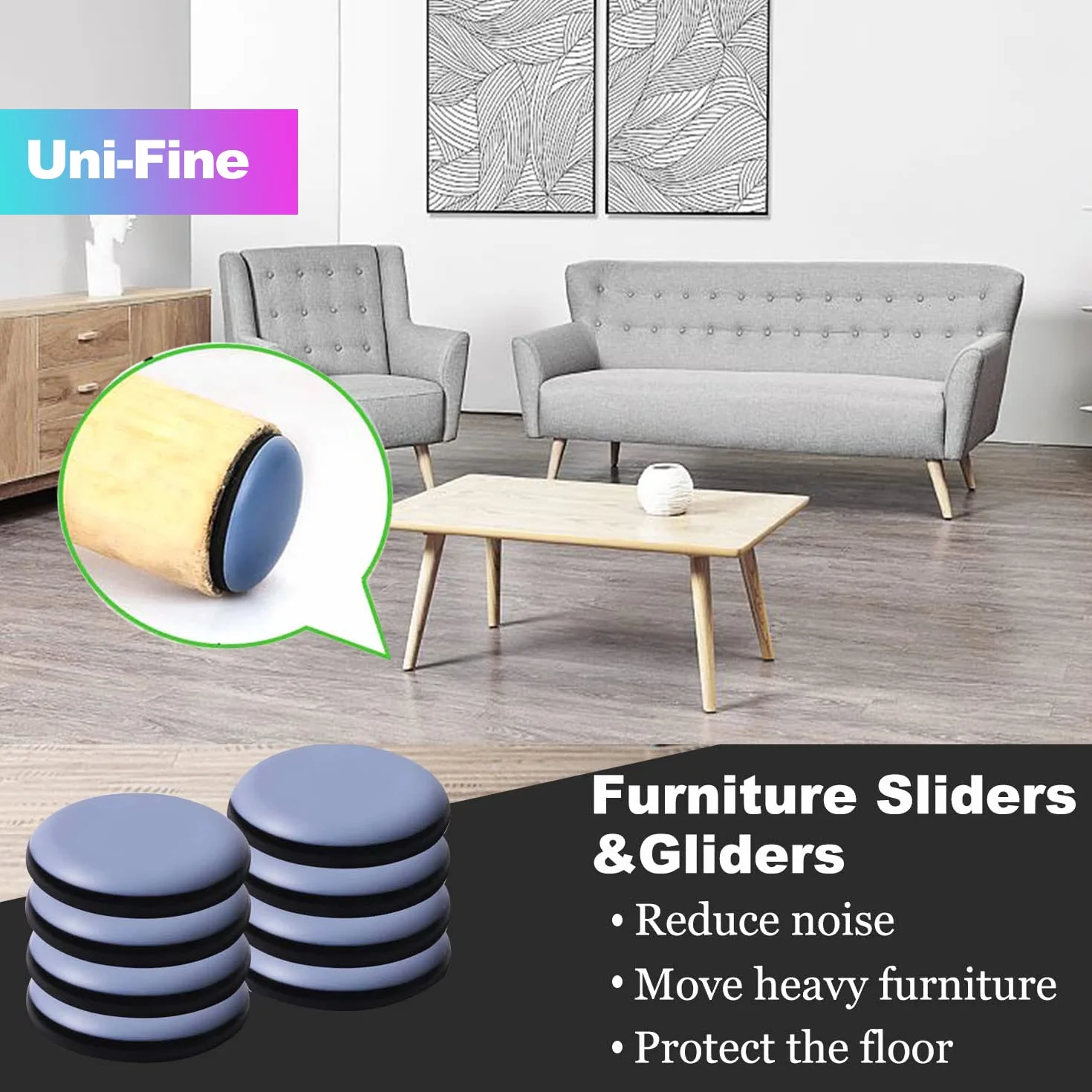 Uni-Fine 50 mm teflonowe ślizgacze meblowe, 8 sztuk, samoprzylepne, okrągłe