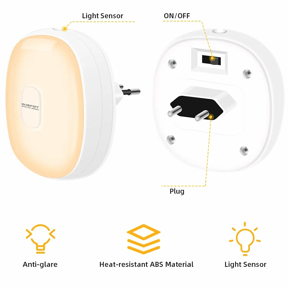 OUSFOT Lampka nocna z czujnikiem zmierzchu, ładowana, lampka nocna dla dzieci, 2 sztuki, energooszczędna, 2500-3500 K, ciepła żółta, lampka nocna do pokoju dziecięcego, na klatkę schodową, do kuchni,