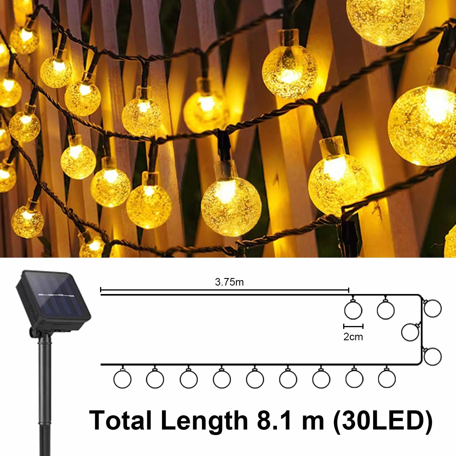 LQWELL Słoneczne wróżki do ogrodu 30LED 8M IP44 8 trybów Kryształowe kule (Ciepła biel)