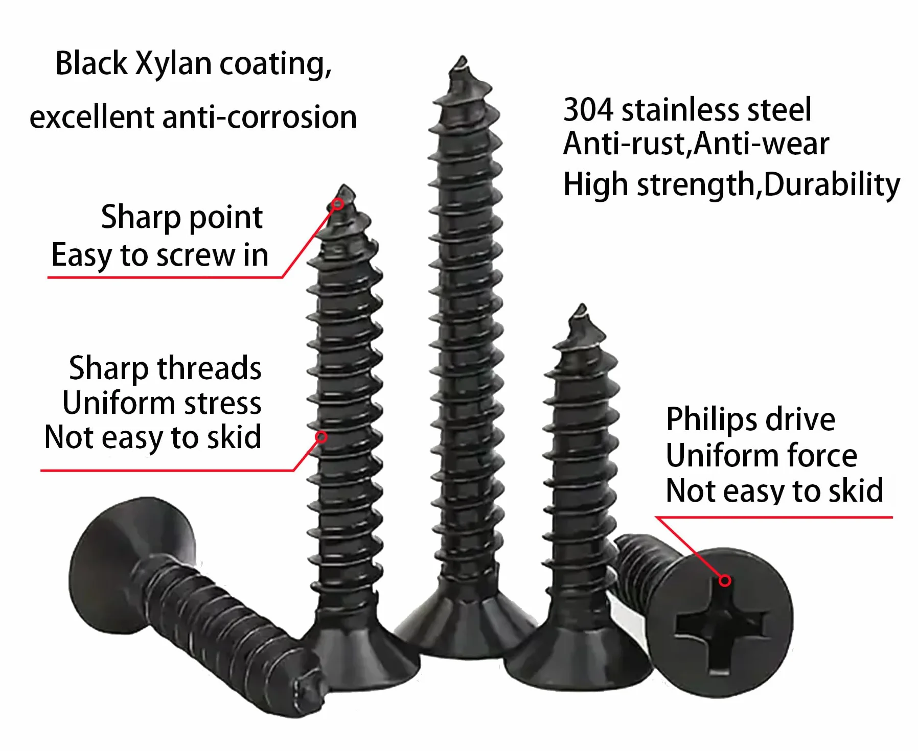 Phillips wkręty do drewna M4 × 40 mm, czarne, powlekane ksylanem, stal nierdzewna 304, samogwintujące śruby o wysokiej wytrzymałości, do budownictwa i stolarstwa (40 sztuk)