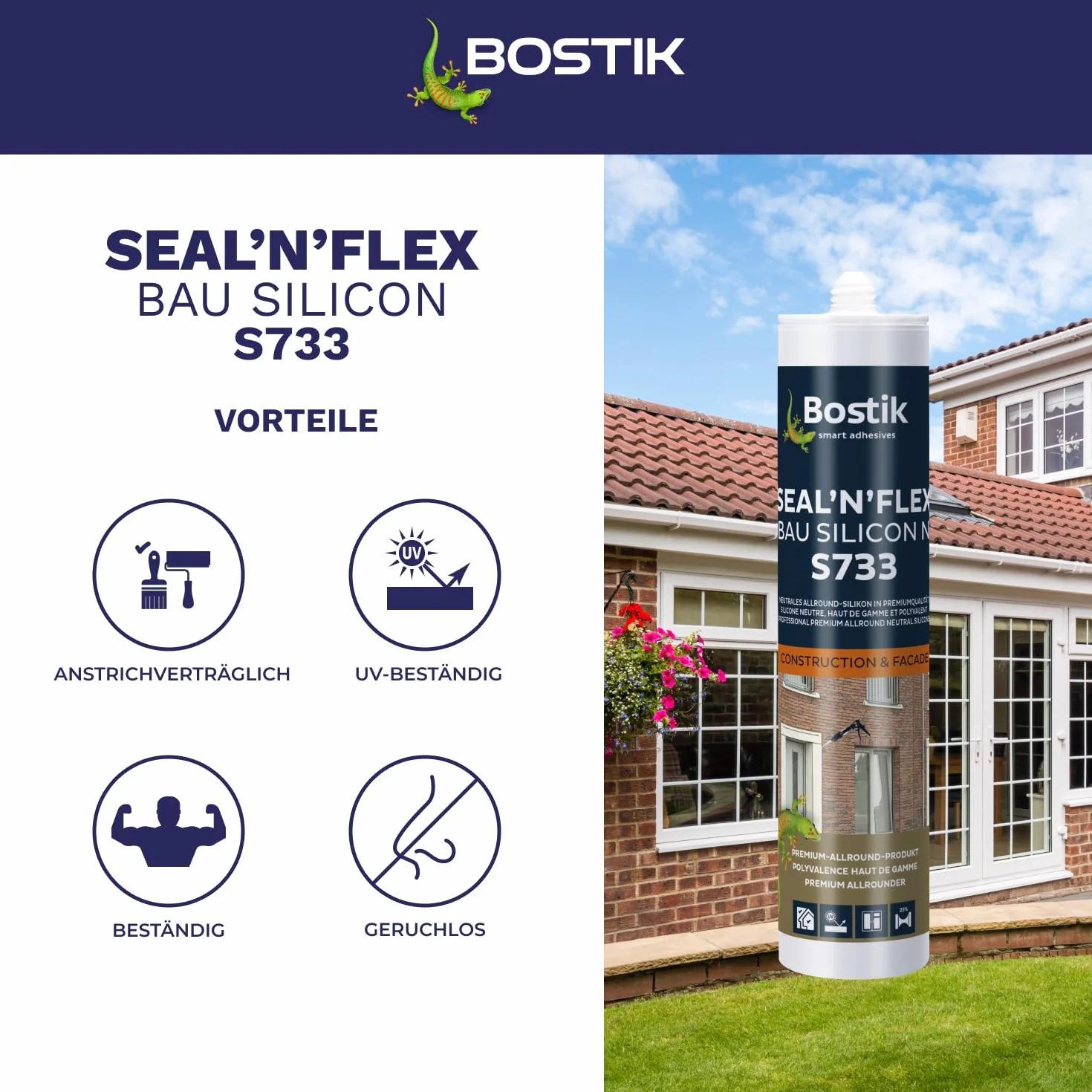 BOSTIK S733 Seal´n´Flex Bau silikon ciemnobrązowy – neutralny uniwersalny silikon, odporny na pleśń, trwale elastyczny, nadaje się do użytku wewnątrz i na zewnątrz, 300 ml