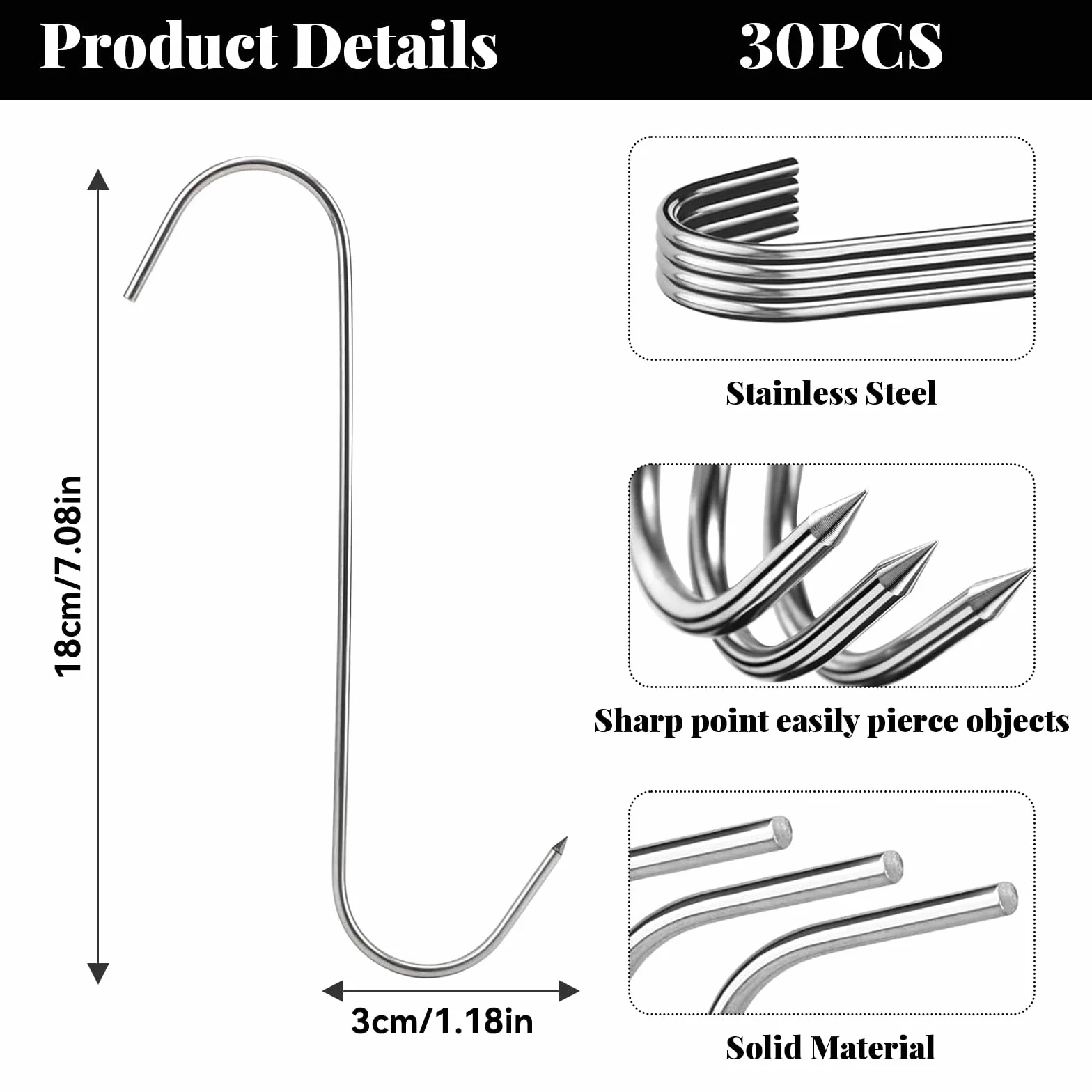 30 szt. Haczyk mięsny S, 180 × 3 mm hak w kształcie litery S ze stali nierdzewnej, wielokrotnego użytku haczyki rzeźnika, małe haczyki S odpowiednie do wieszania mięsa, kiełbasy i dekoracji