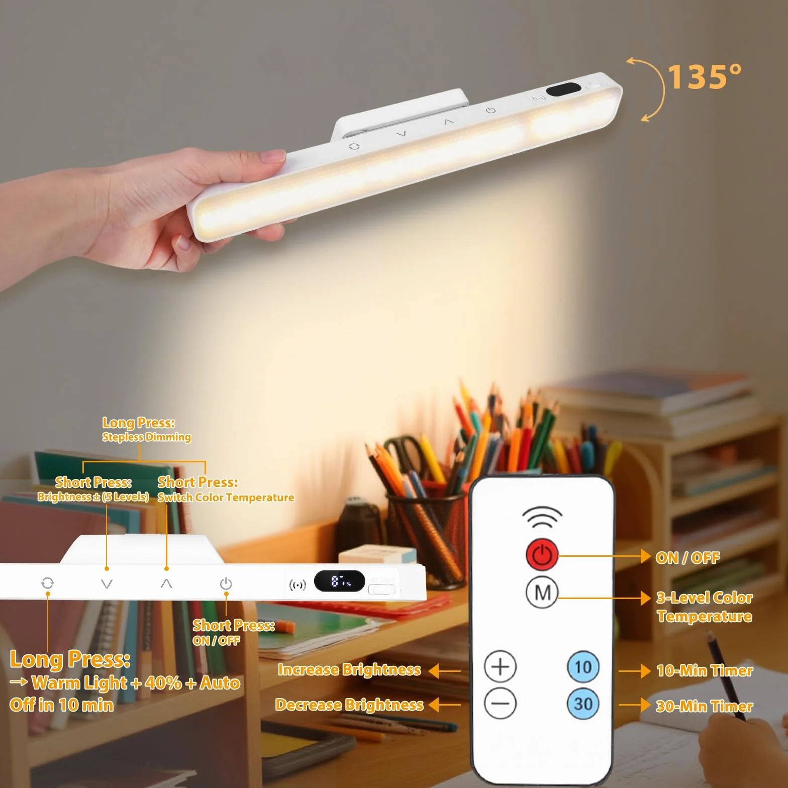 2 sztuki lamp podszafkowych LED z akumulatorem LED, oświetlenie szafki pod umywalkę, z pilotem zdalnego sterowania, 5 temperatur barwowych, dotykowe, ściemniane, bezprzewodowe, do lustra, biur