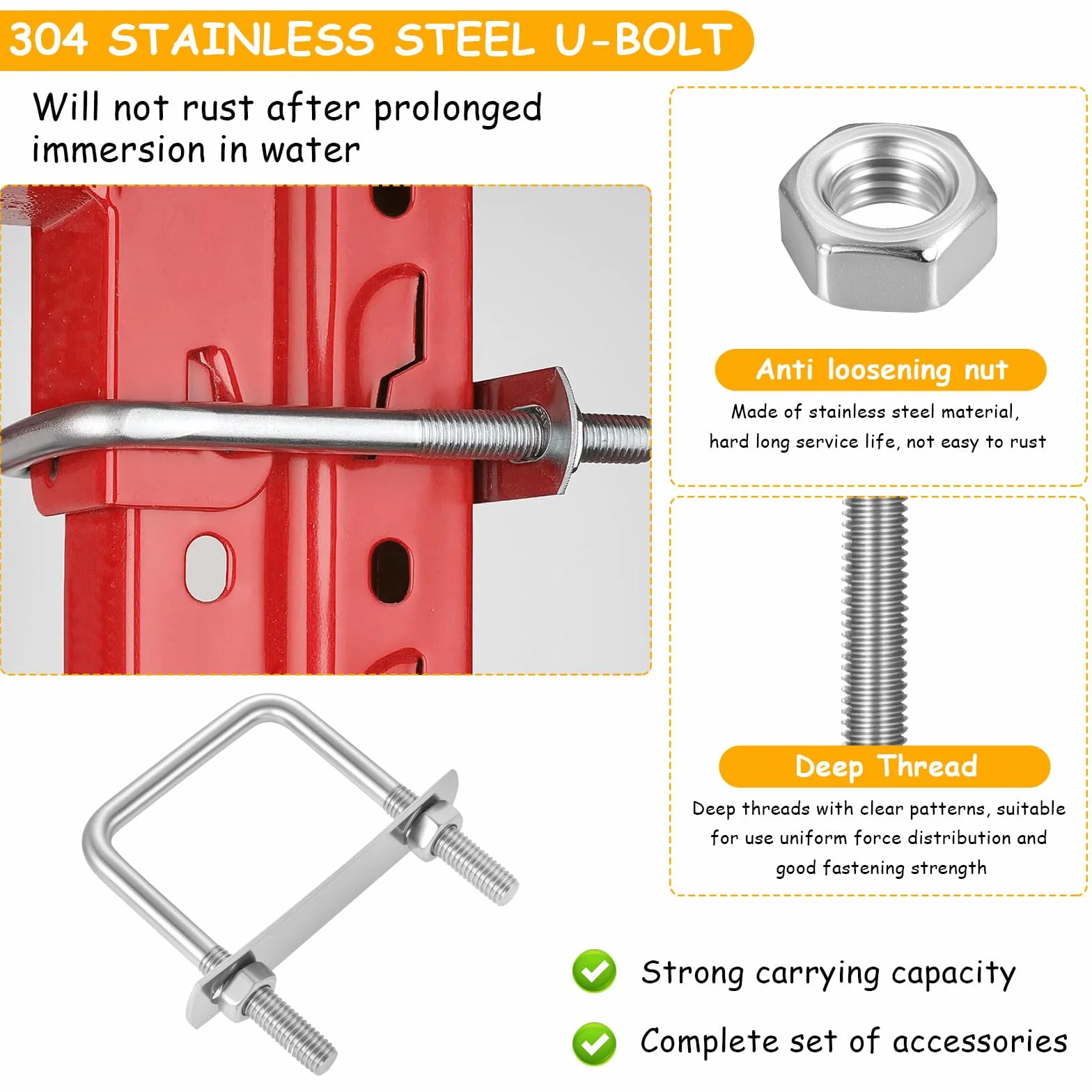 U Bolt M8 50x80 mm ze stali nierdzewnej, metalowe zaciski U z nakrętkami i podkładkami do mocowania rur