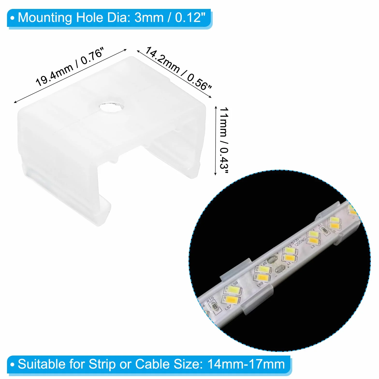 PATIKIL Klipsy mocujące do taśm świetlnych Led Zestaw 40 plastikowych wsporników mocujących ze śrubami do kabli 14 mm - 17mm prześwitująca neonowa taśma Rgb