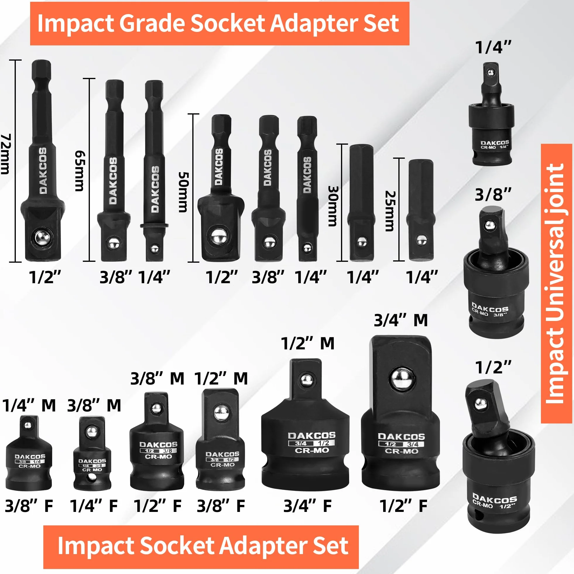 DAKCOS Zestaw adapterów nasadowych 17 szt., zestaw przedłużający wiertło do wiertarki do nakrętek o wysokiej prędkości 1/4"-3/8"-3/4"-1/2", CR-MO