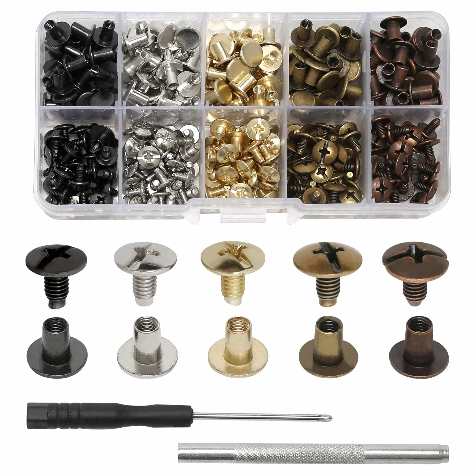 150 zestawów nitów śrubowych Chicago, śruba z płaskim łbem M5x6/8 mm zestaw nitów, nity z łbem krzyżowym do skóry do DIY pasów, wiązanie książek, albumy fotograficzne, torby (5 kolorów)