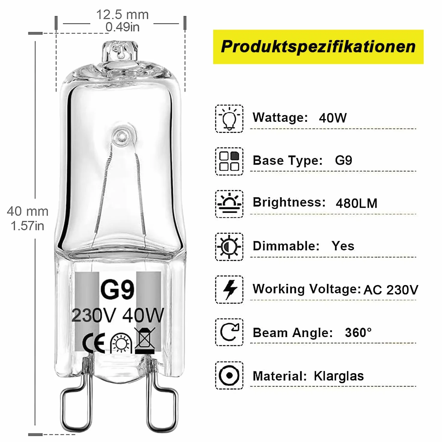 Żaroodporne żarówki halogenowe G9 300 °C, 40 W, 230 V, ciepła biel 2700 K, możliwość ściemniania, do piekarnika i kuchenki mikrofalowej, 12 sztuk
