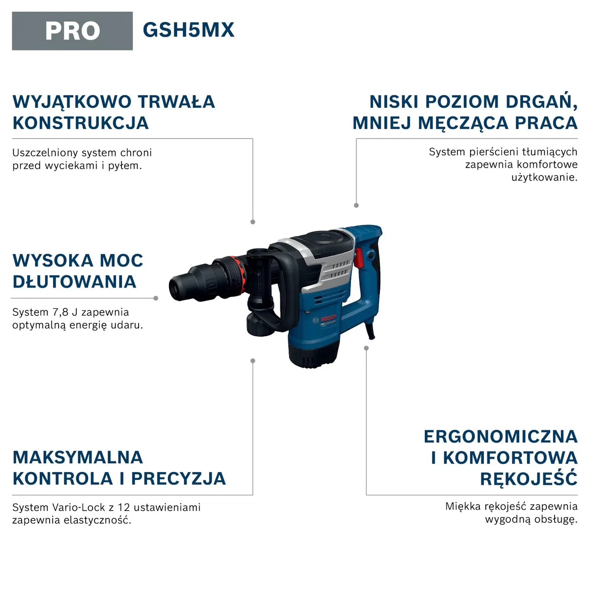 Bosch PRO Sieciowy młot udarowy GSH5MX (szpicak SDS MAX 280 mm, rękojeść dodatkowa, walizka)